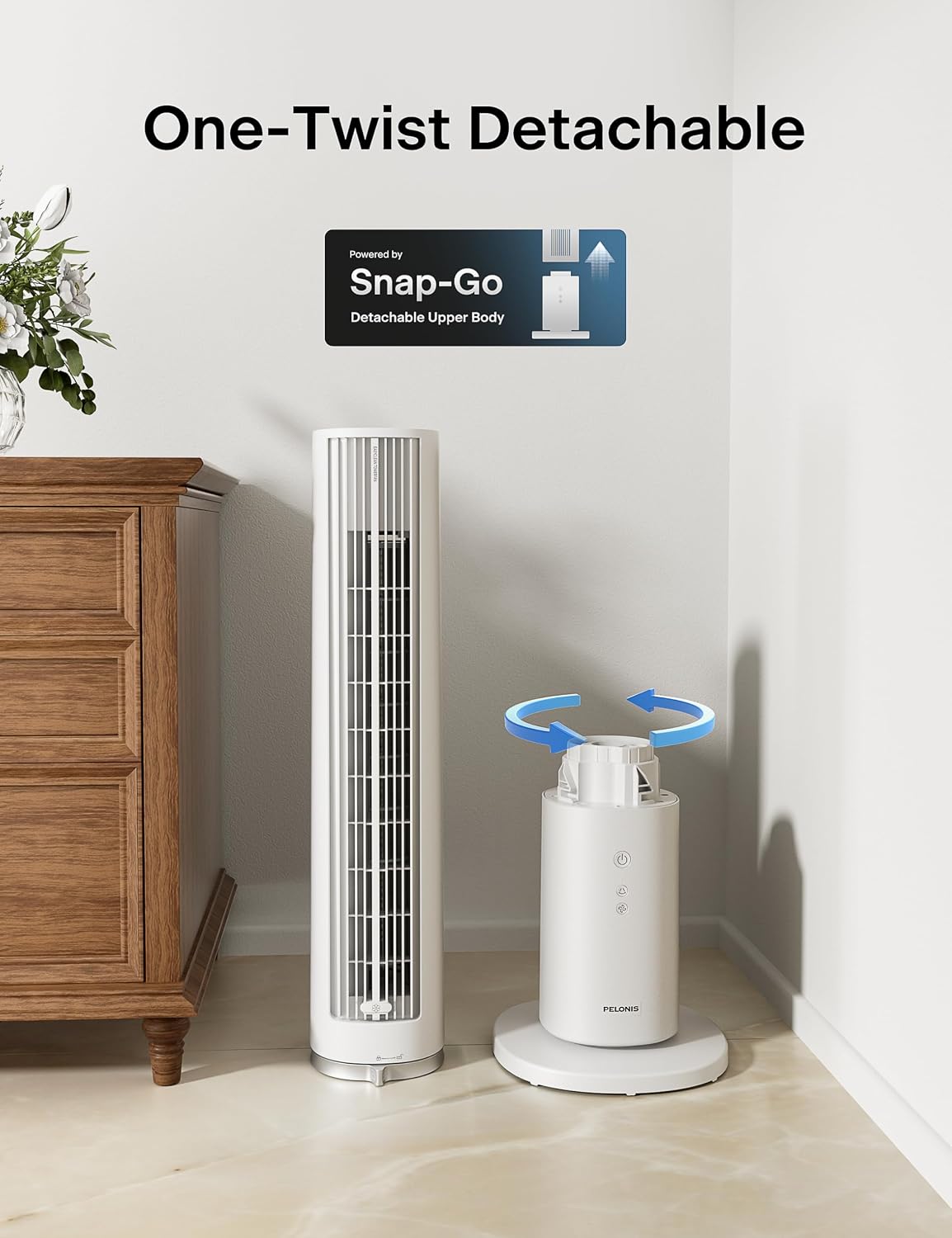 PELONIS 40-inch Bladeless Tower Fan for Bedroom, Standing Fan with Remote Control, 26ft/s, 90° Oscillation, 3 Speed Settings, 27 dB, 3 Modes