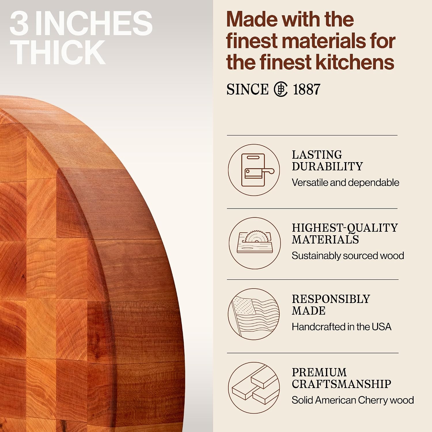 John Boos CCB Series Round Wooden Maple Cutting Board 18”x18” – 3” Thick, 22-lb Non-Reversible Butcher Block with End-Grain – Made in the USA
