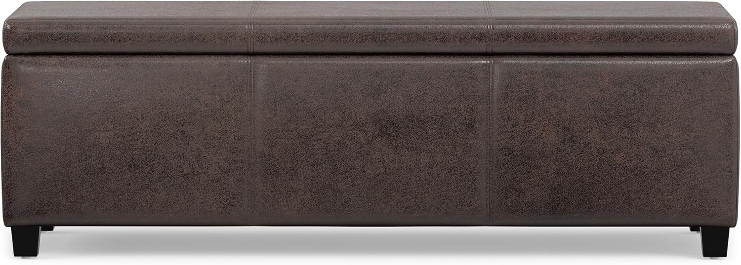 SIMPLIHOME Avalon 48" Wide Vegan Leather Storage Ottoman in Brown