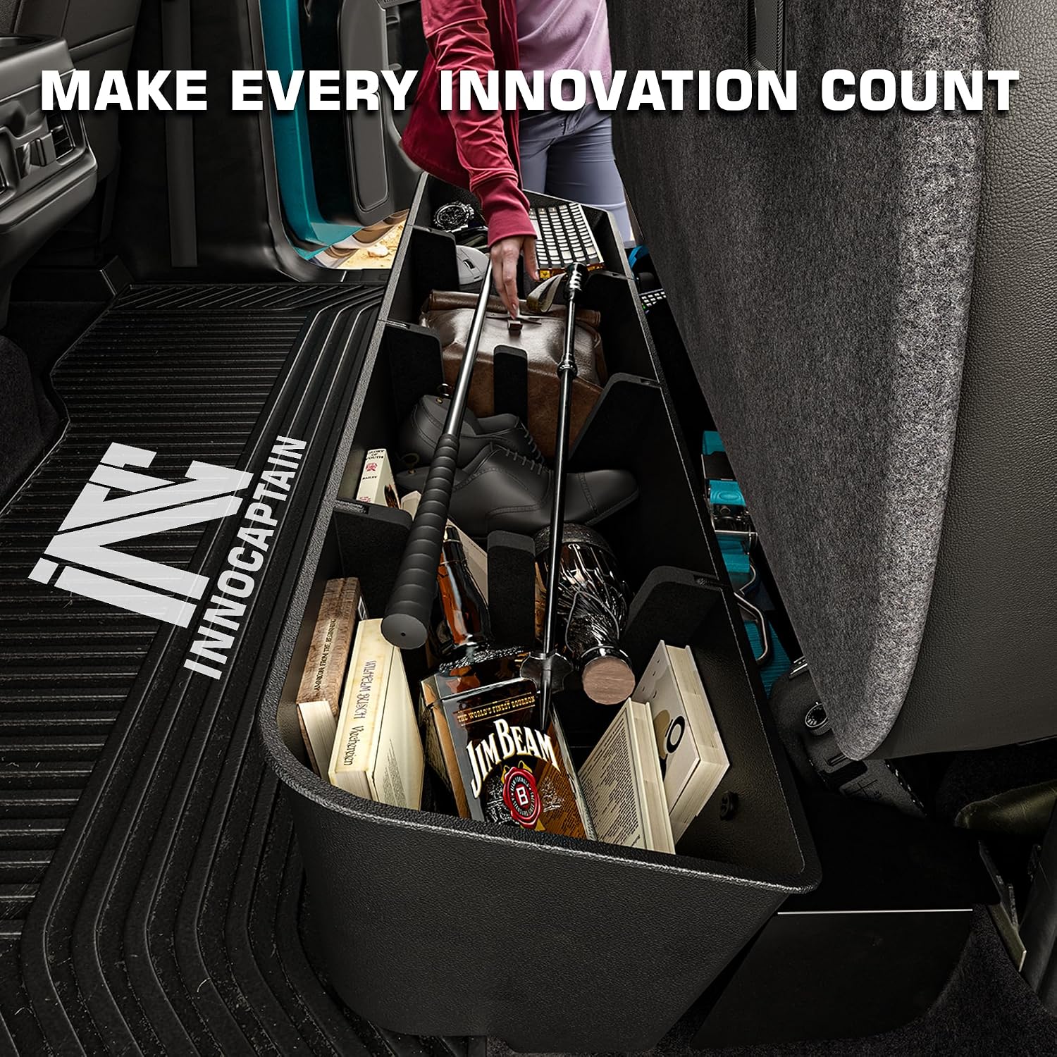 Rear Truck Underseat Storage Box, Fit 2017-2026 Ford F-250 F-350 Super Duty and 2015-2026 Ford F-150 SuperCrew Crew Cab Heavy Duty Rear Under Back Seat Box Organizer, Anti Slip