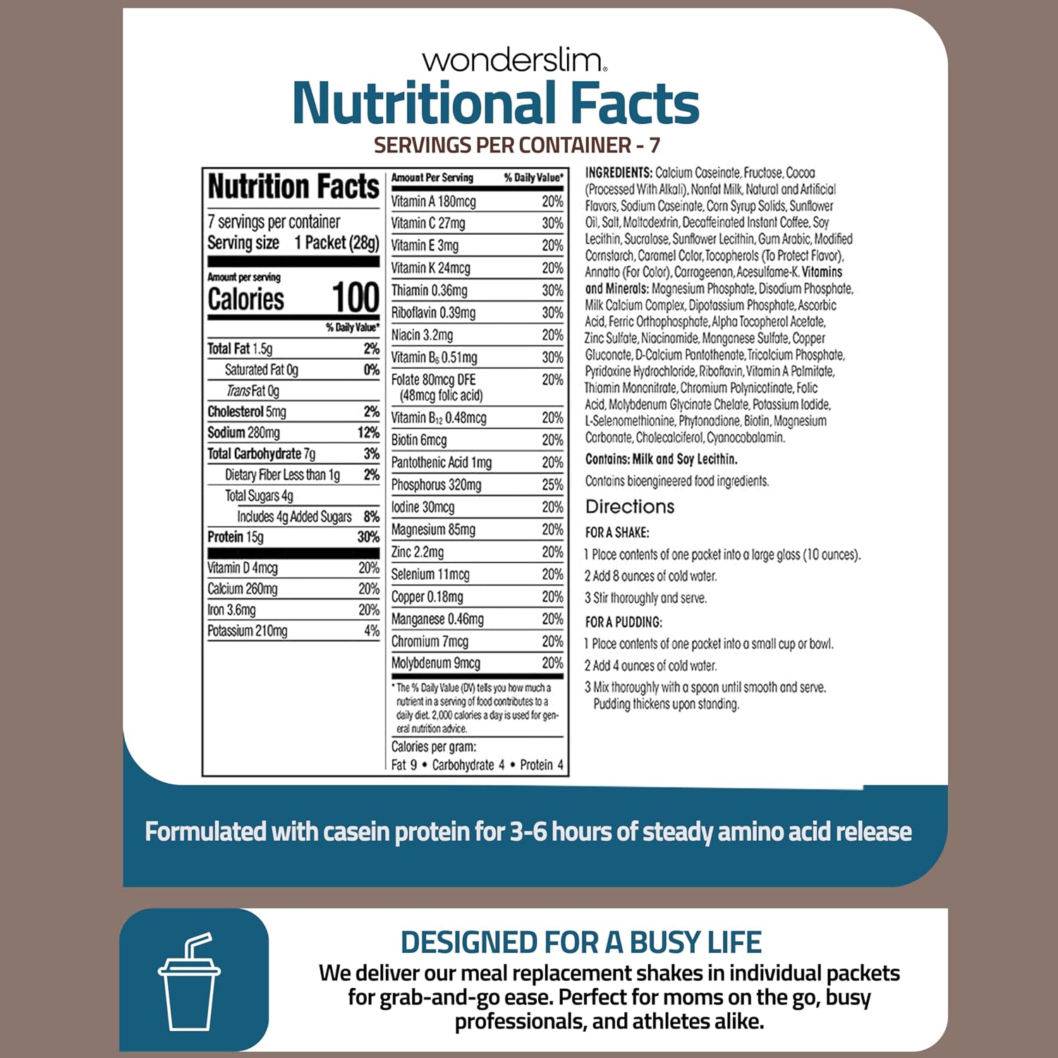 WonderSlim Protein Meal Replacement Shake – 15g Protein, 24 Vitamins & Minerals, Low Carb, Low Calorie, Gluten Free – Meal Replacement Drink for Weight Management, 7 Count Packets (Dark Cocoa Cream)