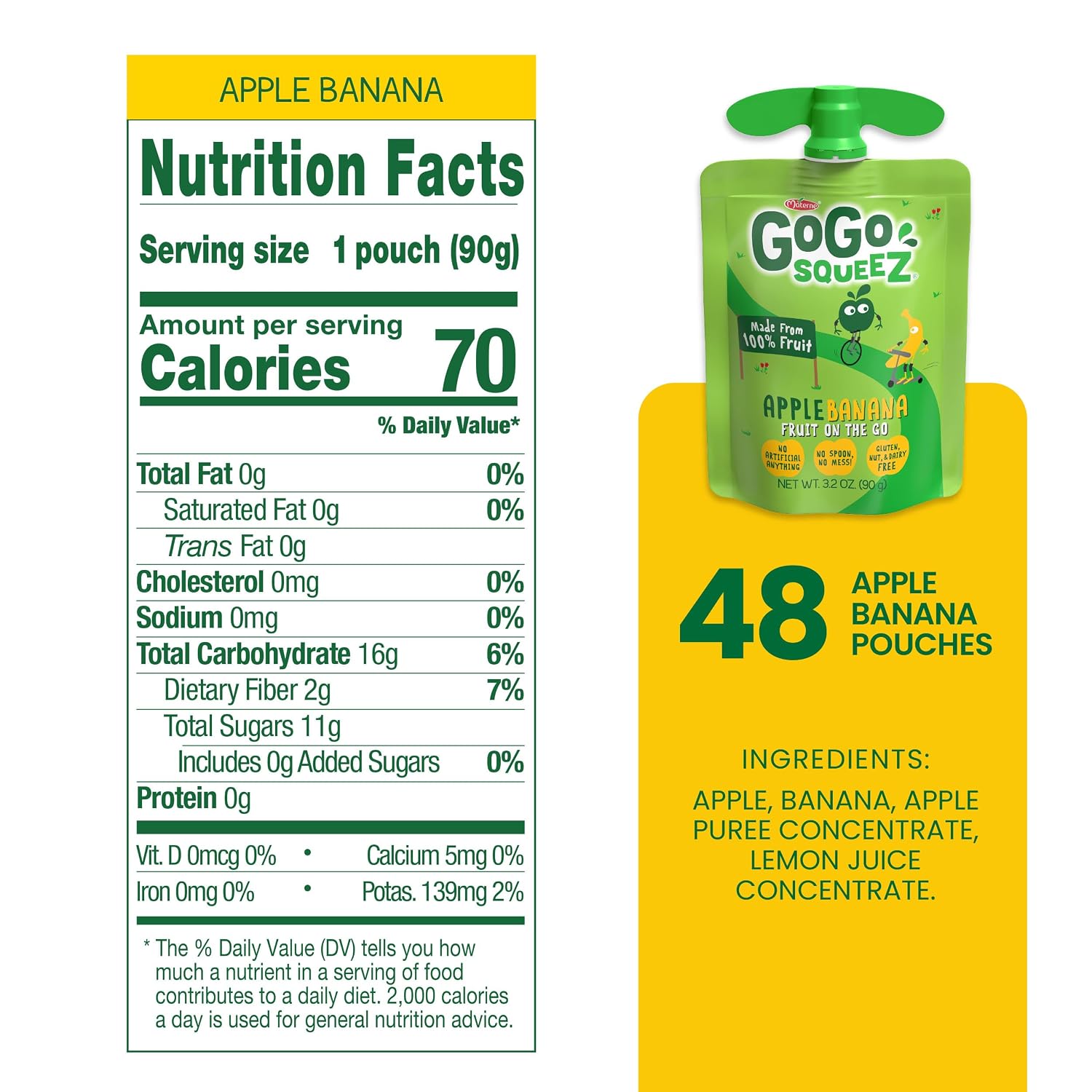 GoGo squeeZ No Sugar Added Applesauce, Apple Apple, 3.2 oz, 48 Count | Kids on the go fruit snack made with applesauce & fruit puree; 3.2 oz pouches, gluten and nut free, recloseable cap, BPA-free