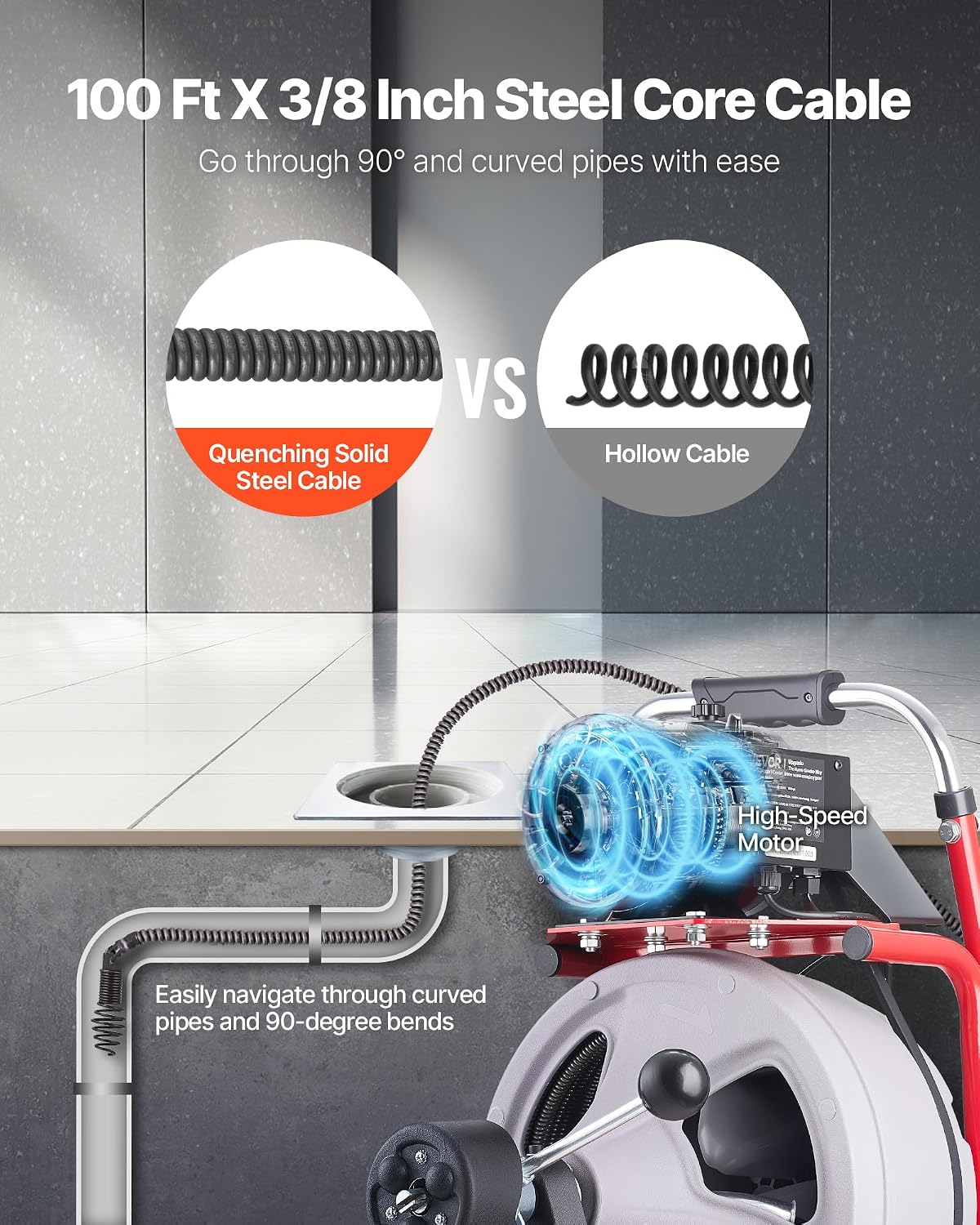 VEVOR Drain Cleaner Machine 100 FT x 1/2 Inch, Auto Feed Sewer Snake Drain Auger on Wheels, Portable Drain Cleaning Machine with 8 Cutters & Air-Activated Foot Switch for 2" to 6" Pipes