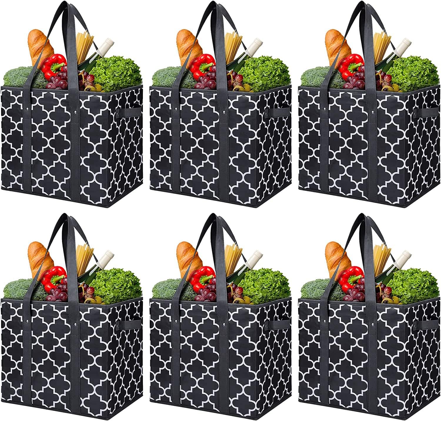 WISELIFE Reusable Grocery Bags 3-Pack Foldable Washable Large Storage Bins Basket Water Resistant Shopping Tote Bag Black