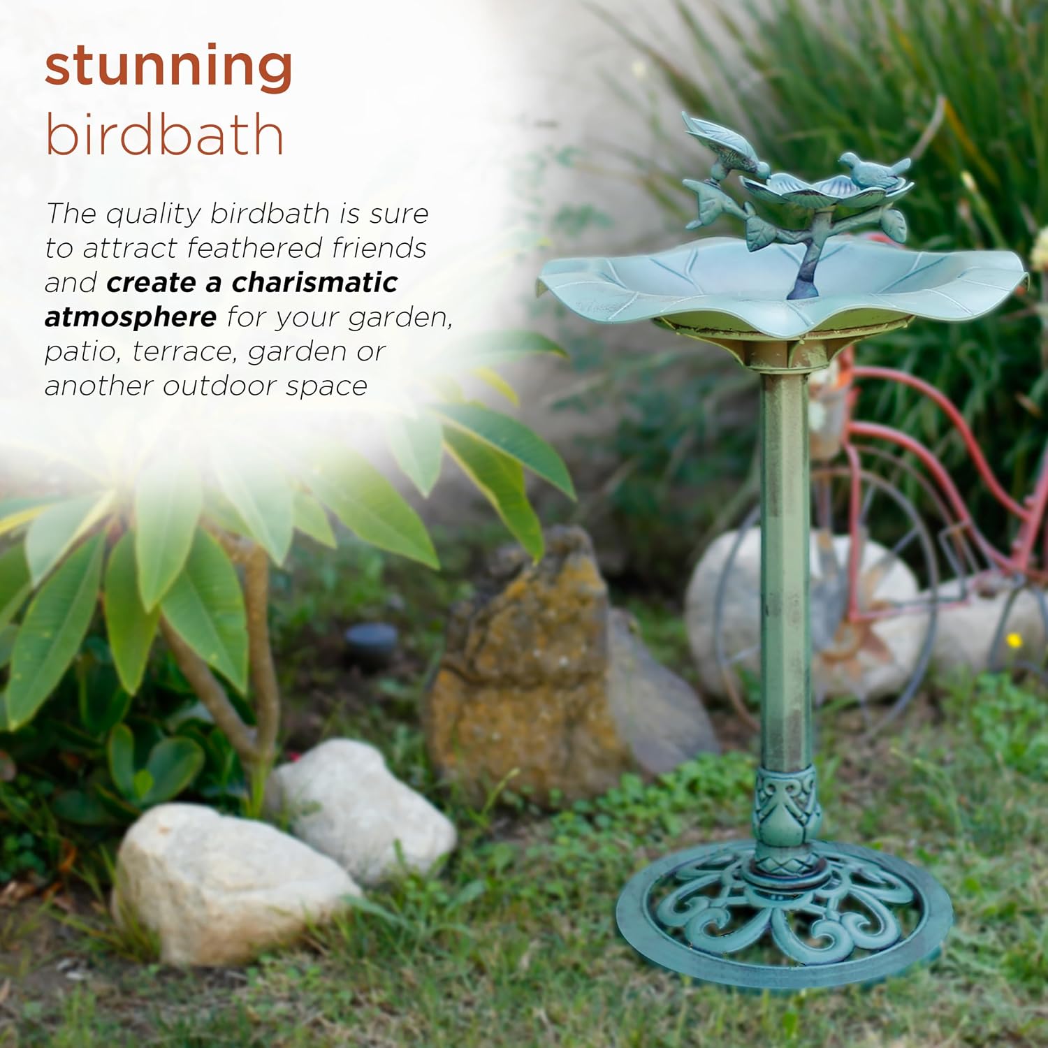 Alpine Corporation 33" Tall Outdoor Lotus Birdbath Yard Statue, Stunning Garden Accent to Attract Birds - Durable Polypropylene Construction for Patio, Deck, or Yard, Green