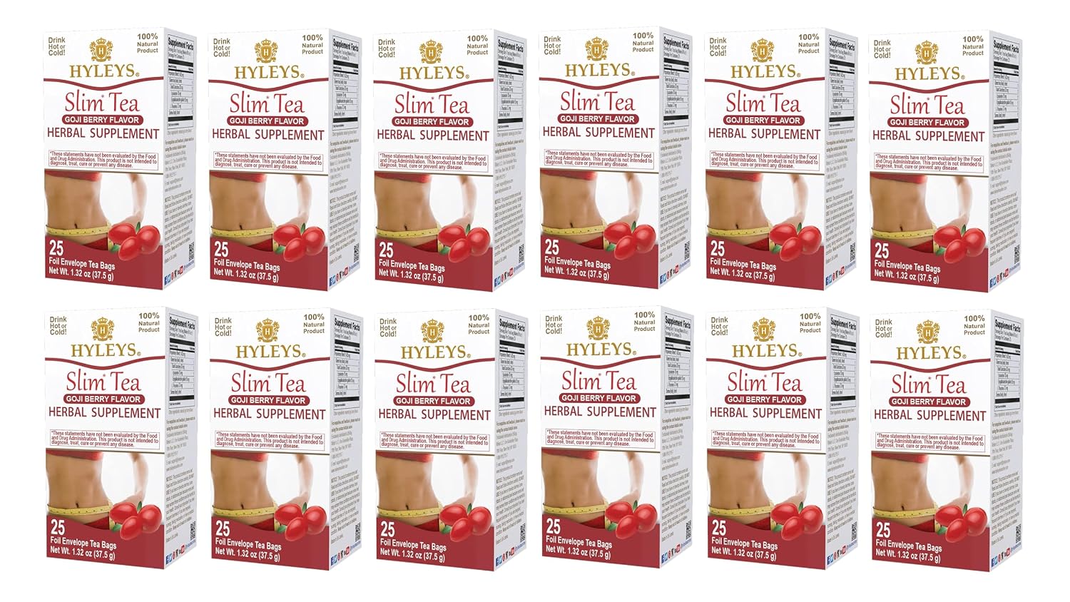 HYLEYS Slim Tea Goji Berry, Weight Loss Detox, Slimming Diet Tea, 25 Bags | Green Tea, Senna Detox & Cleanse, 3 Natural Ingredients, No Added Sugar, 1-Step Bedtime Routine, Supports Digestion