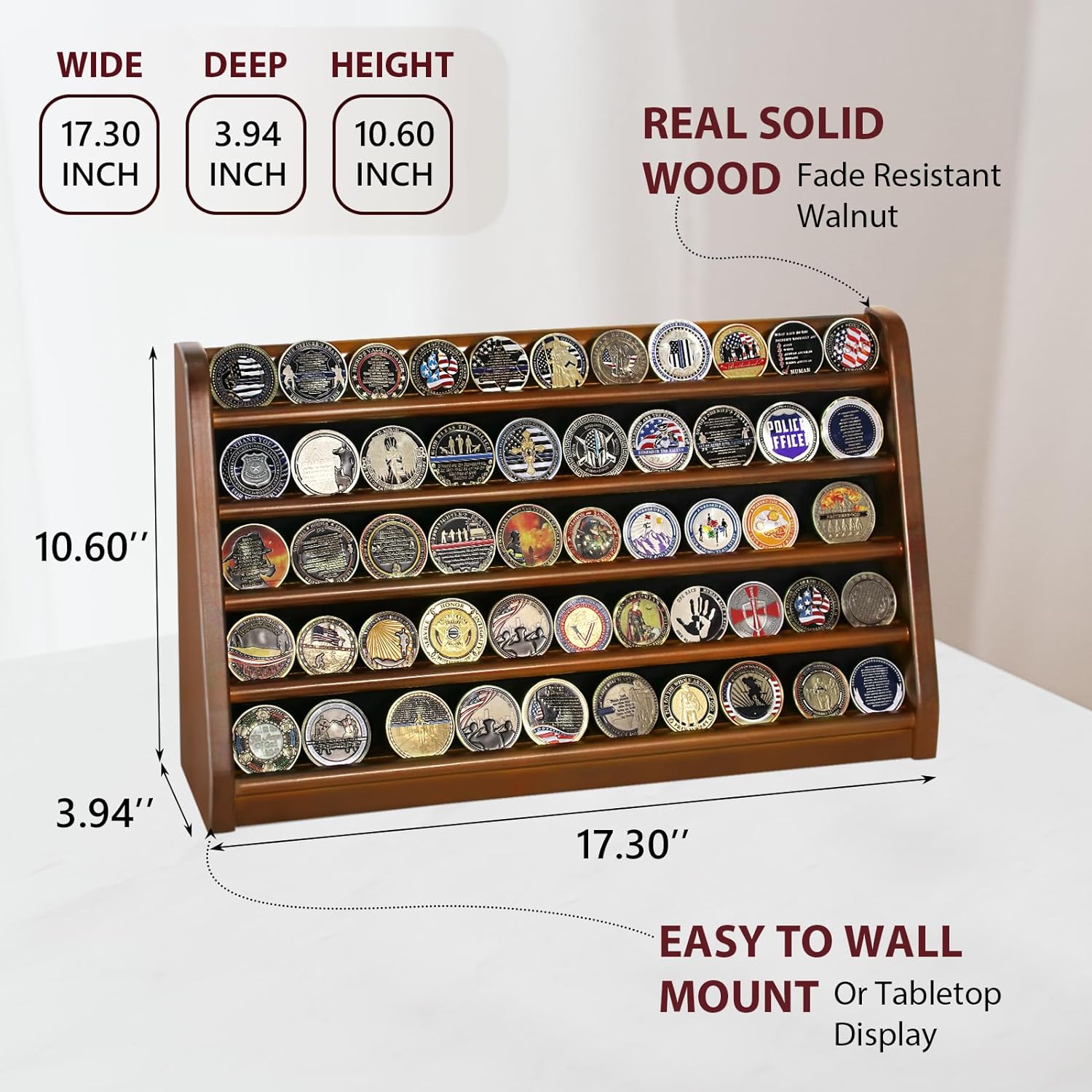 ASmileIndeep 3 Rows Wooden Challenge Coin Wall Display Stand - Military Coin Holder Army Coins Rack, Holds 21-24 Coins, Mahogany