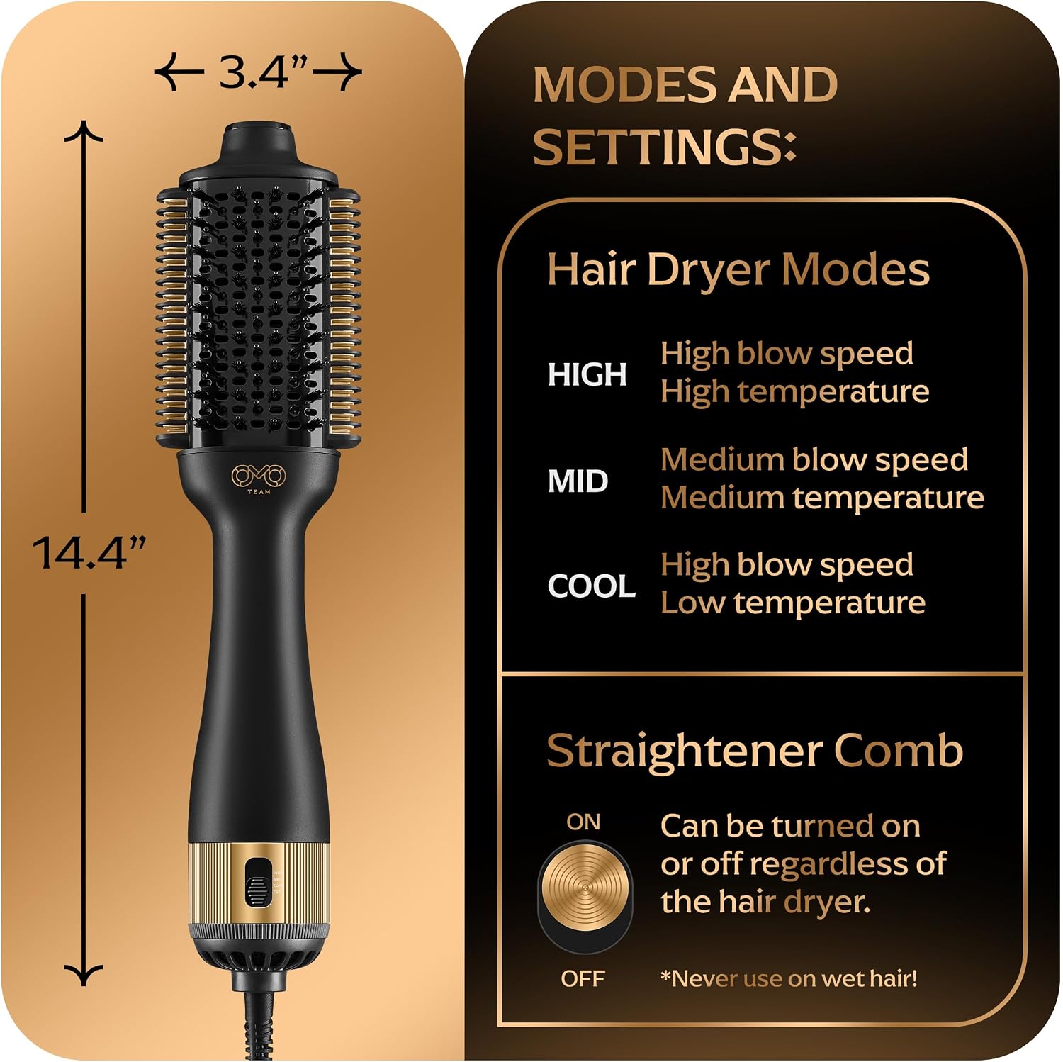 Professional Blowout Hair Dryer Brush, Black Gold Dryer and Volumizer, Hot Air Brush for Women, 75MM Oval Shape (Black Gold)