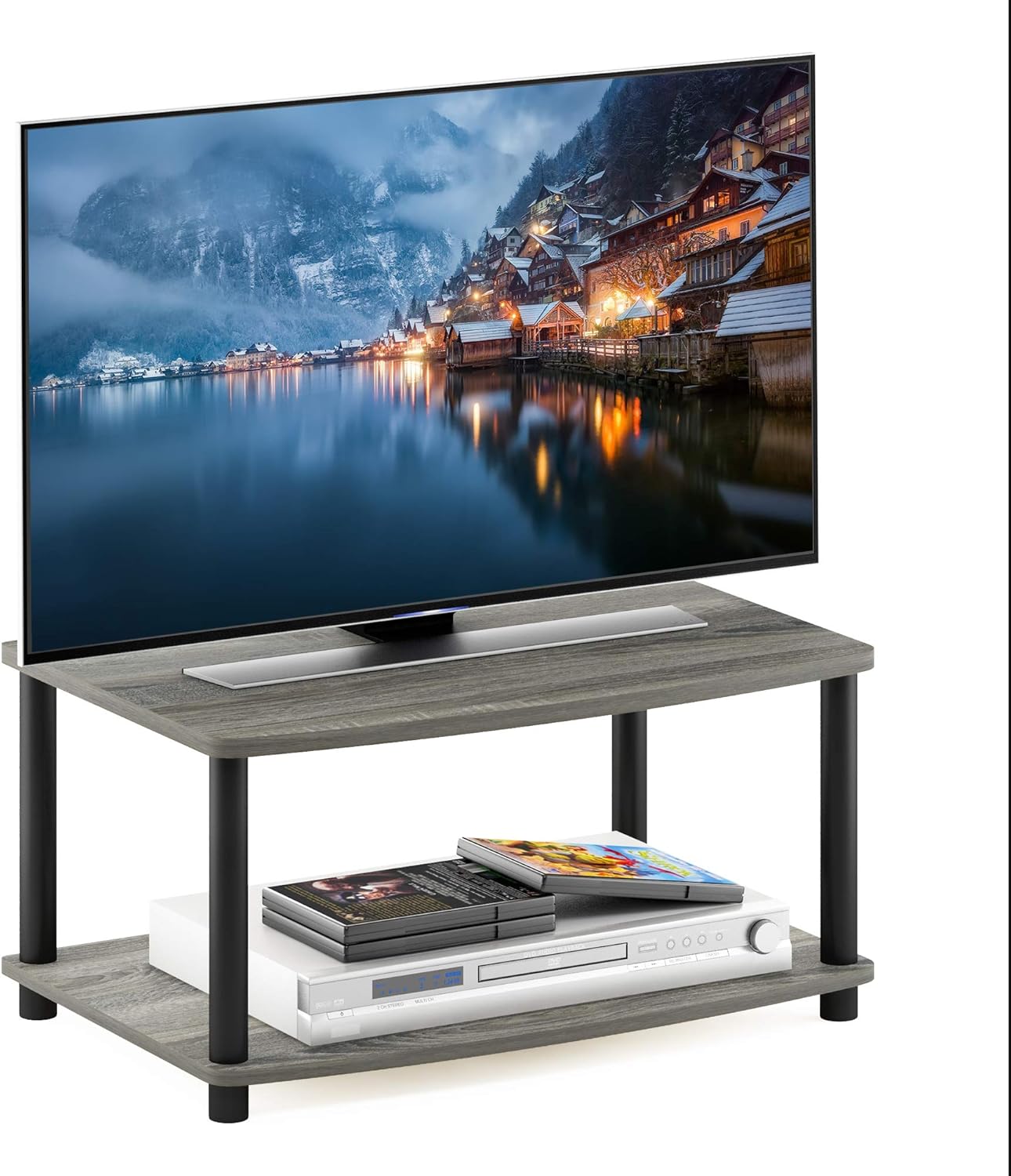 Furinno Turn-N-Tube TV Riser Stand, 2-Tier Small Elevated No Tools TV Stand, TV Console for TV up to 32 inch, 15.8 x 23.8 x 11, for Living Room, Bedroom, French Oak/Black