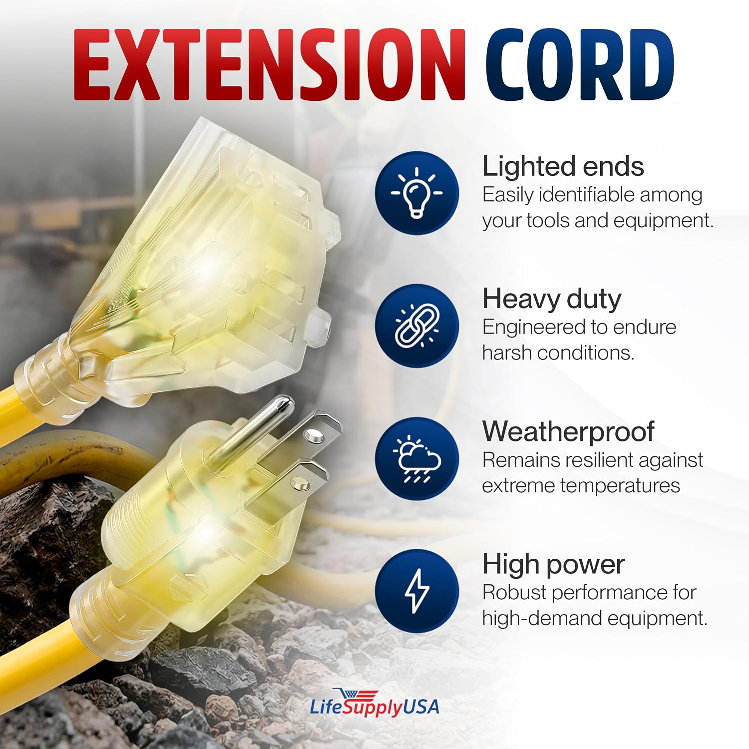 25ft Outdoor/Indoor Extension Cord 3-Outlet 12/3 Gauge Extra Heavy Duty 3 Prong SJTW, Waterproof, Flexible Cold-Resistant Long Power Cord,15A 125V 1875W, Yellow by LifeSupplyUSA