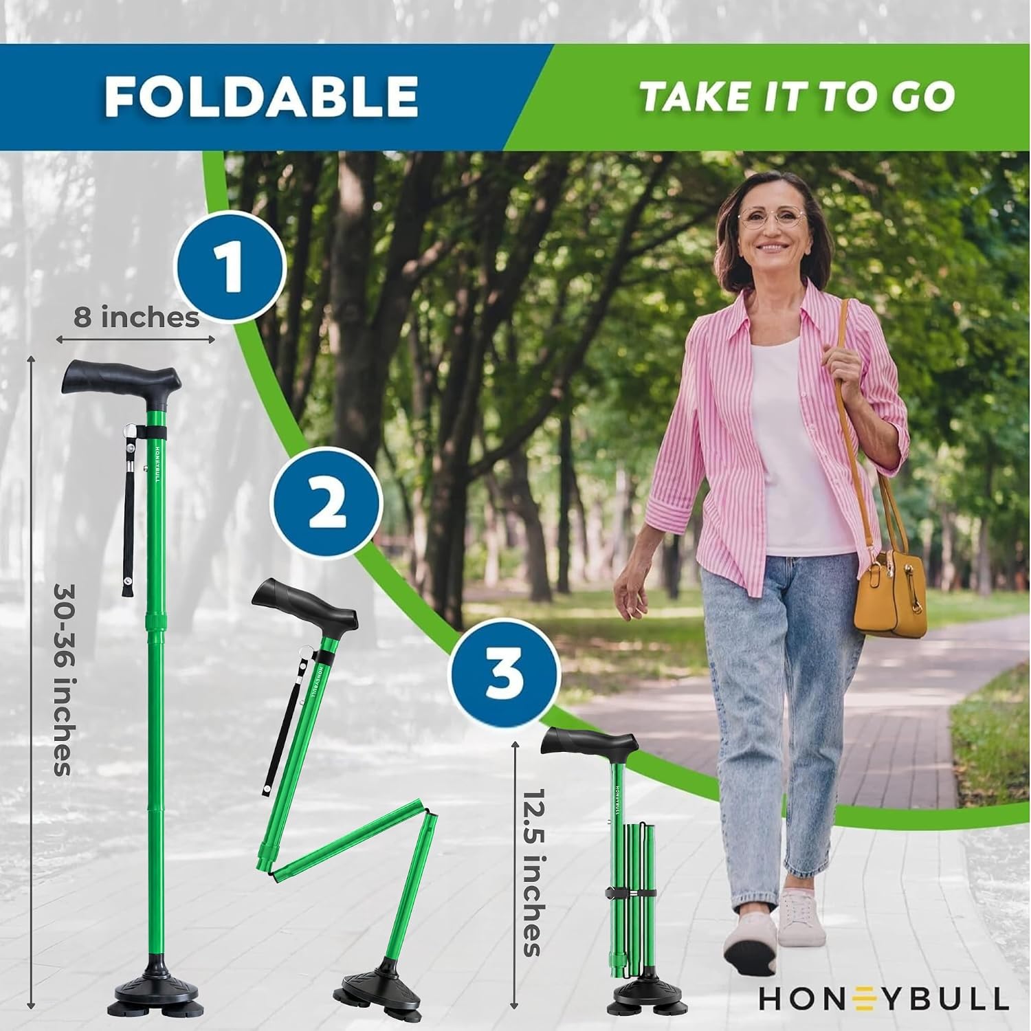 HONEYBULL Walking Cane for Men & Women, Foldable Free Standing Cane | Adjustable height, collapsible design, heavy-duty, pivot base for stable support, ergonomic handle
