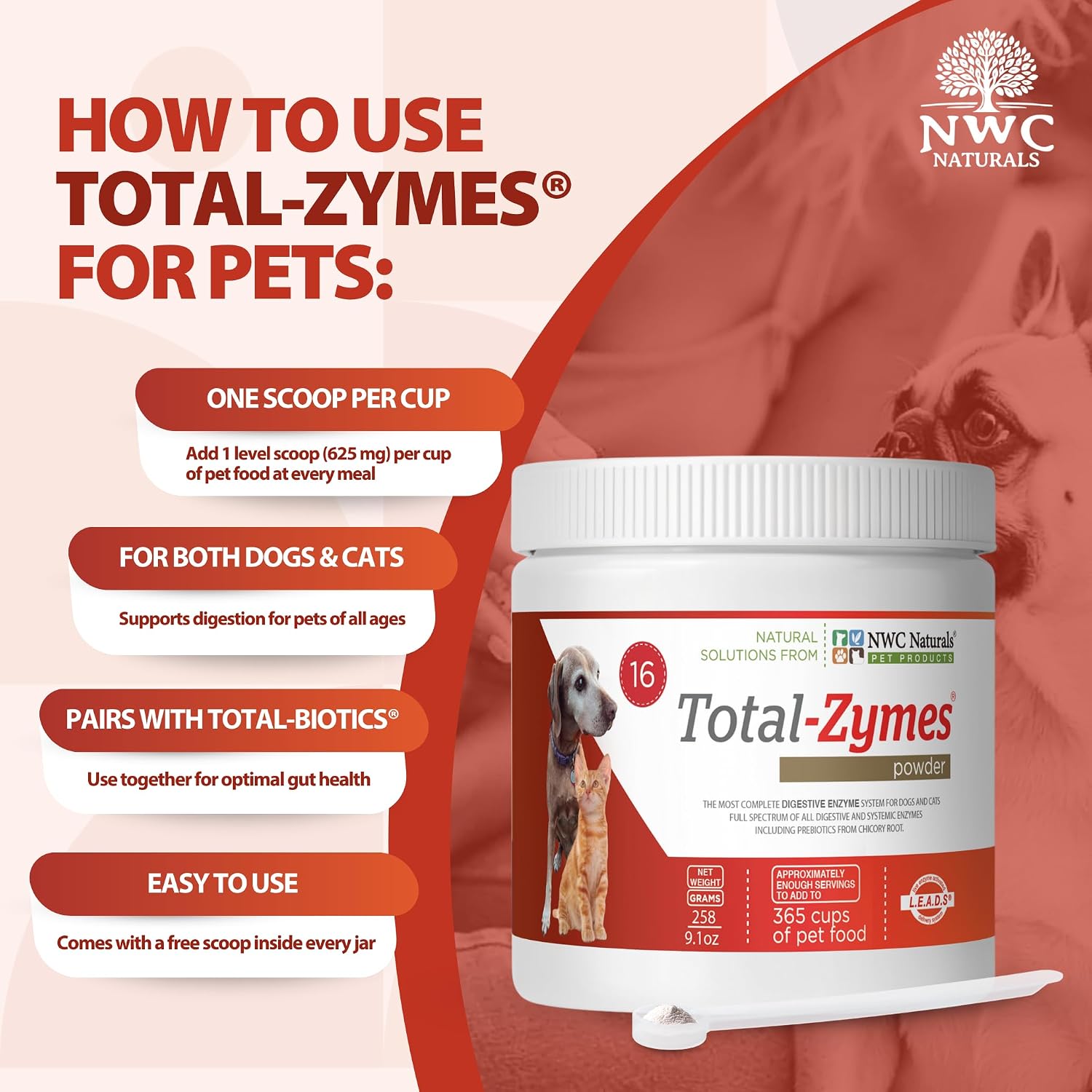 Total-Zymes Digestive Enzymes for Dogs and Cats, 8 oz. Powder | Unflavored Daily Powder, Mix 1 Scoop per Cup of Food, 16 Plant-Based Enzymes and Prebiotic Support Digestion and Absorption