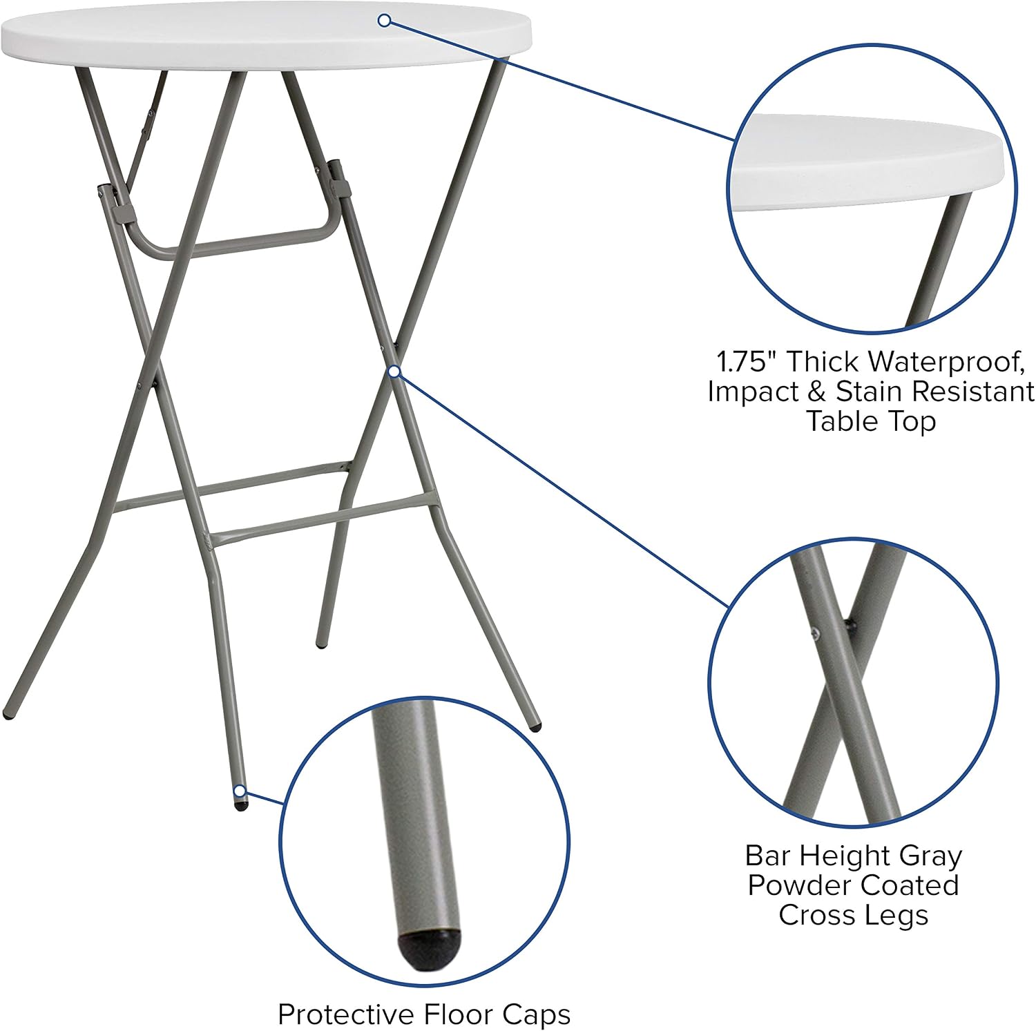 Flash Furniture Elon 32' Round Folding Bar Height Table for Parties and Commercial Events, Indoor/Outdoor Plastic Tall Round Table, White | Lightweight, Easy Storage, Commercial Grade