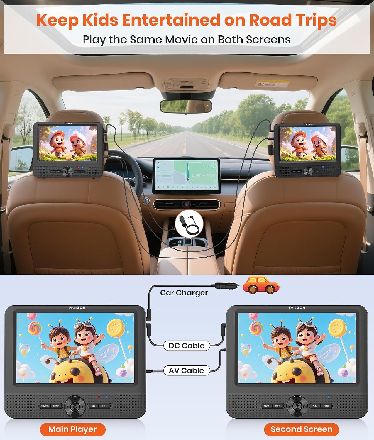 FANGOR 7.5 Inch Dual Car DVD Player, Portable Headrest Video Player for Car with 5 Hours Rechargeable Battery, Last Memory, AV Out/in