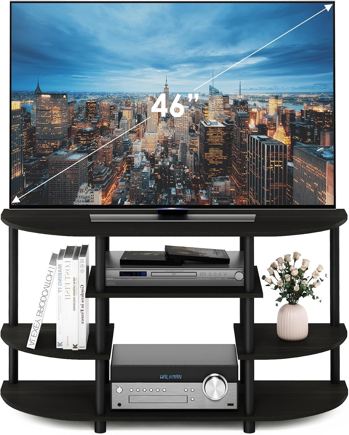 Furinno Turn-N-Tube No Tools Entertainment Center, Round Square Corner, French Oak Grey/Black | Raised Top, Open Shelves TV Console with for TV up to 32 Inch, for Living Room, Bedroom