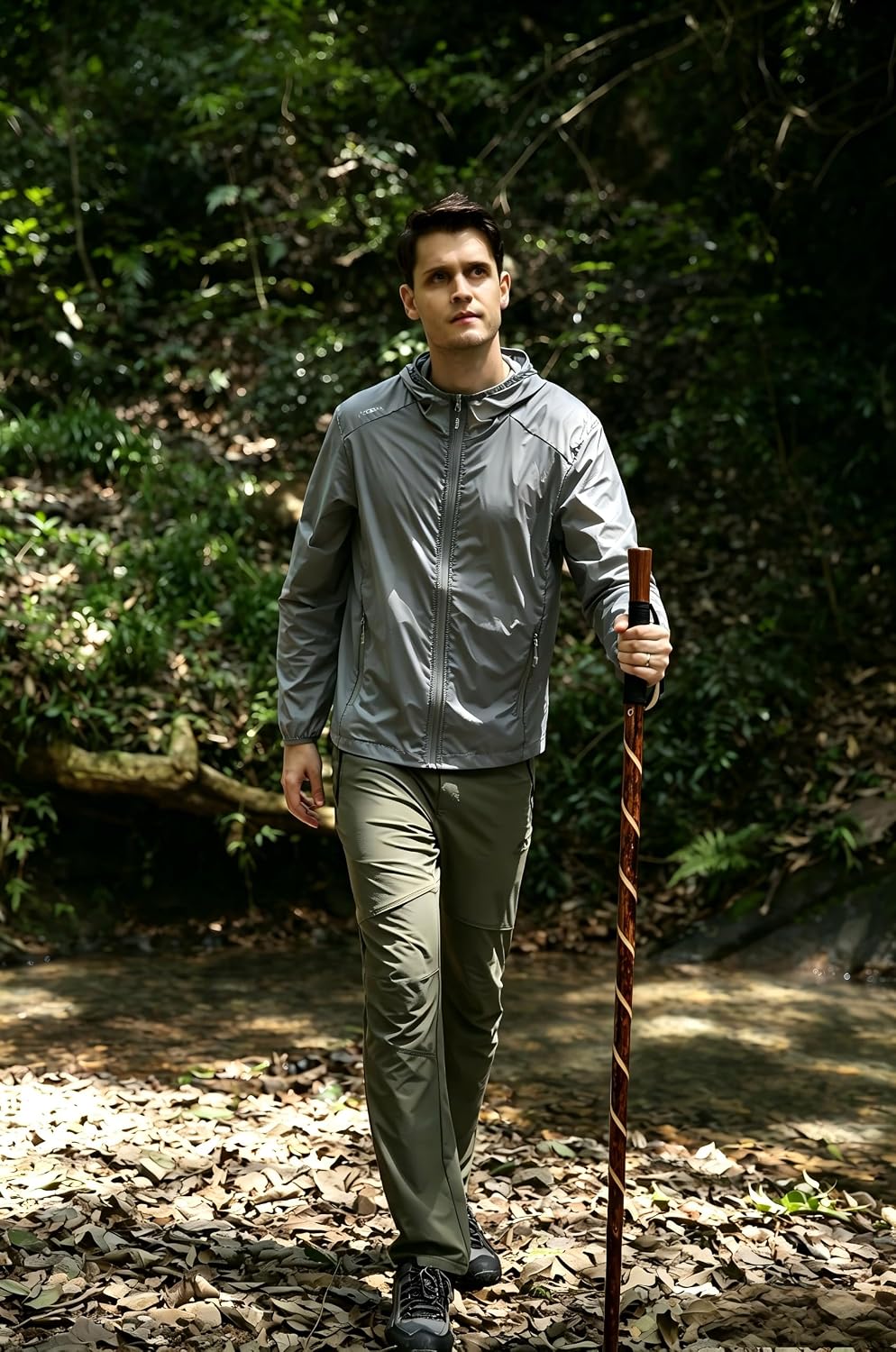FOREST PILOT Handcrafted Nature Wood Hiking Stick 55 Inches Long - with Hand Strap and Rubber Tip Cover - Transparent Waterproof Painting Coating