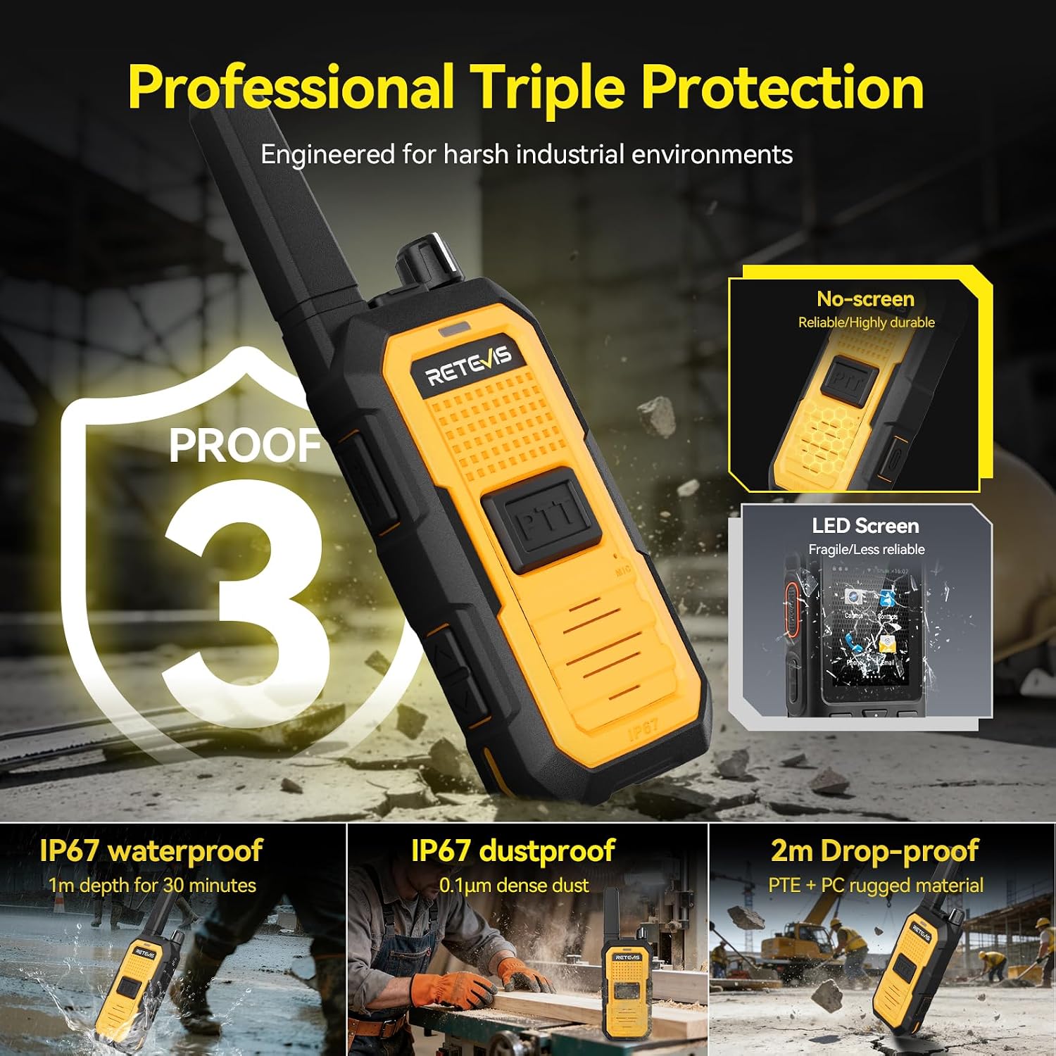 Retevis RB48A IP67 Waterproof Walkie Talkies Long Range Adults | for Manufacturing Construction, Heavy Duty 2 Way Radio, Noise Reduction, Large PTT