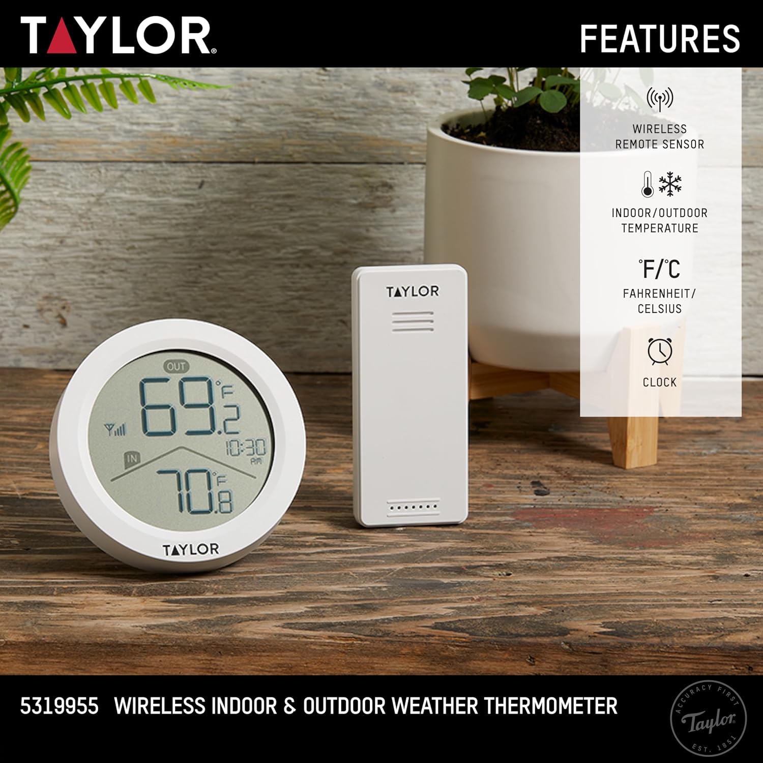Taylor Wireless Digital Indoor Outdoor Thermometer, Easy to Read Numbers for Patio, Pool, and Indoor Areas, LCD, Black