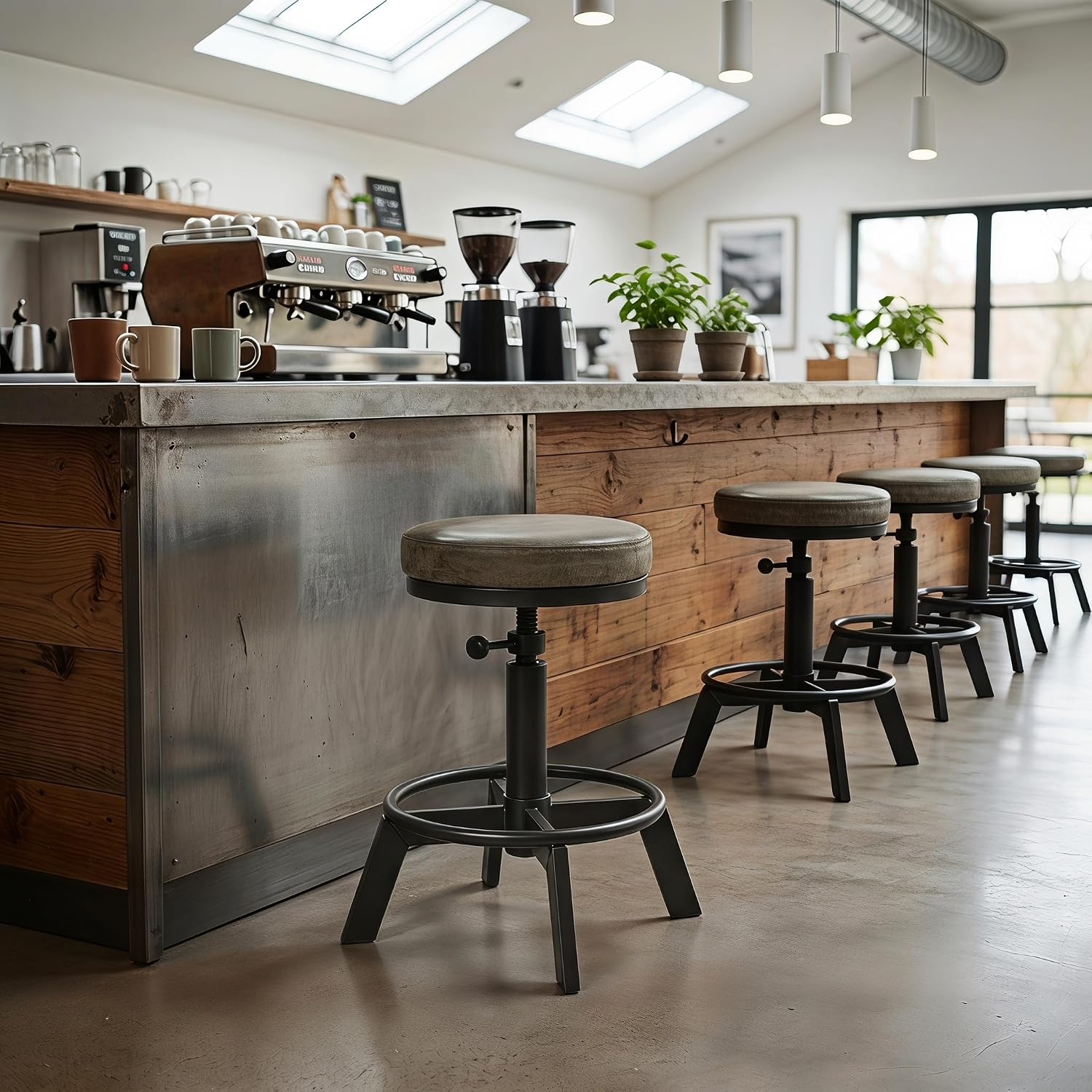 Set of 2 Industrial Bar Stools Short Stool Swivel Wooden Seat Kitchen Island Chairs Counter Height Adjustable 15.2-21inch
