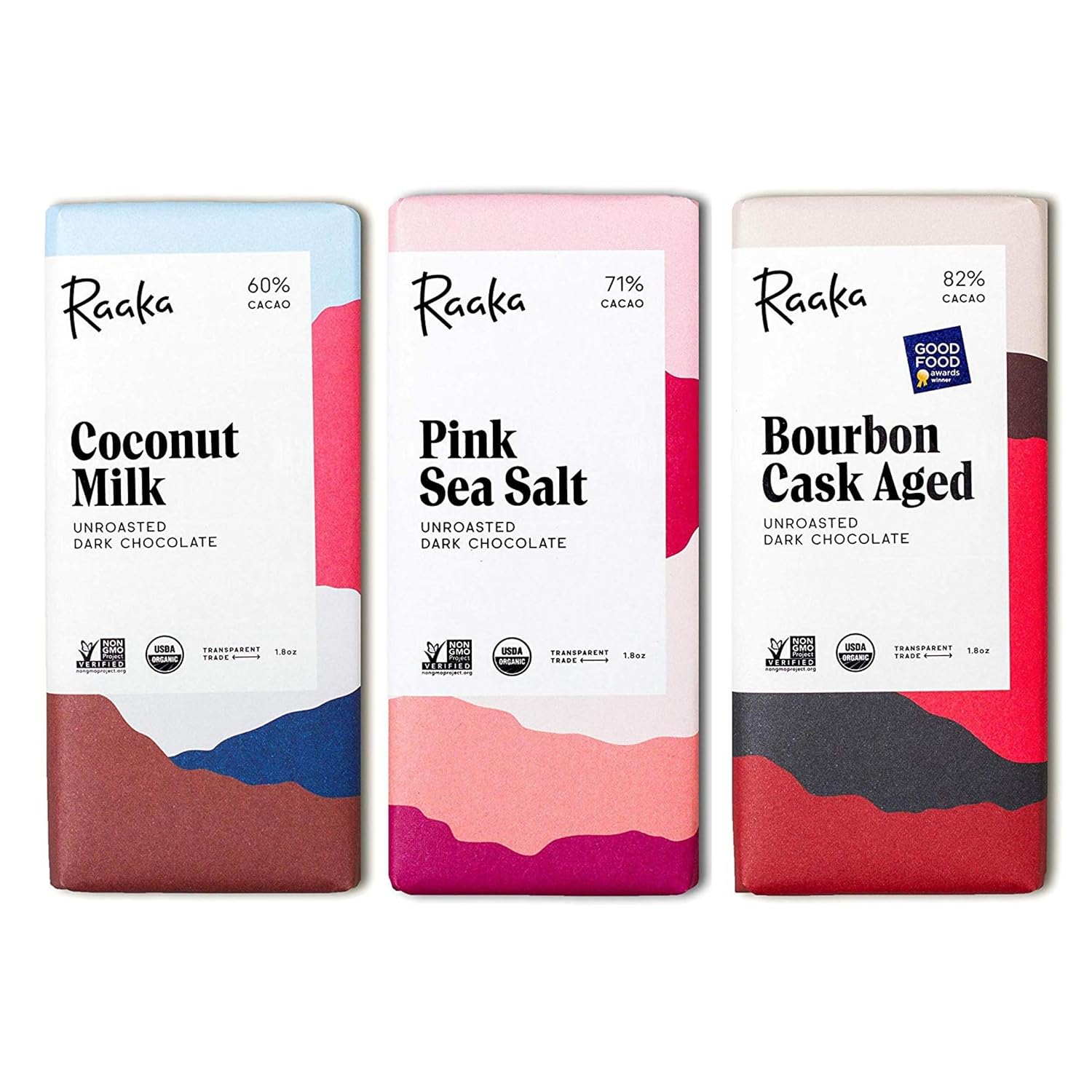 Raaka Chocolate Best Sellers Trio | Gourmet Dark Chocolate Gift | Organic, Vegan, Fair Trade, Soy Free, Non-GMO, Gluten Free, Kosher | 1.8oz Bars