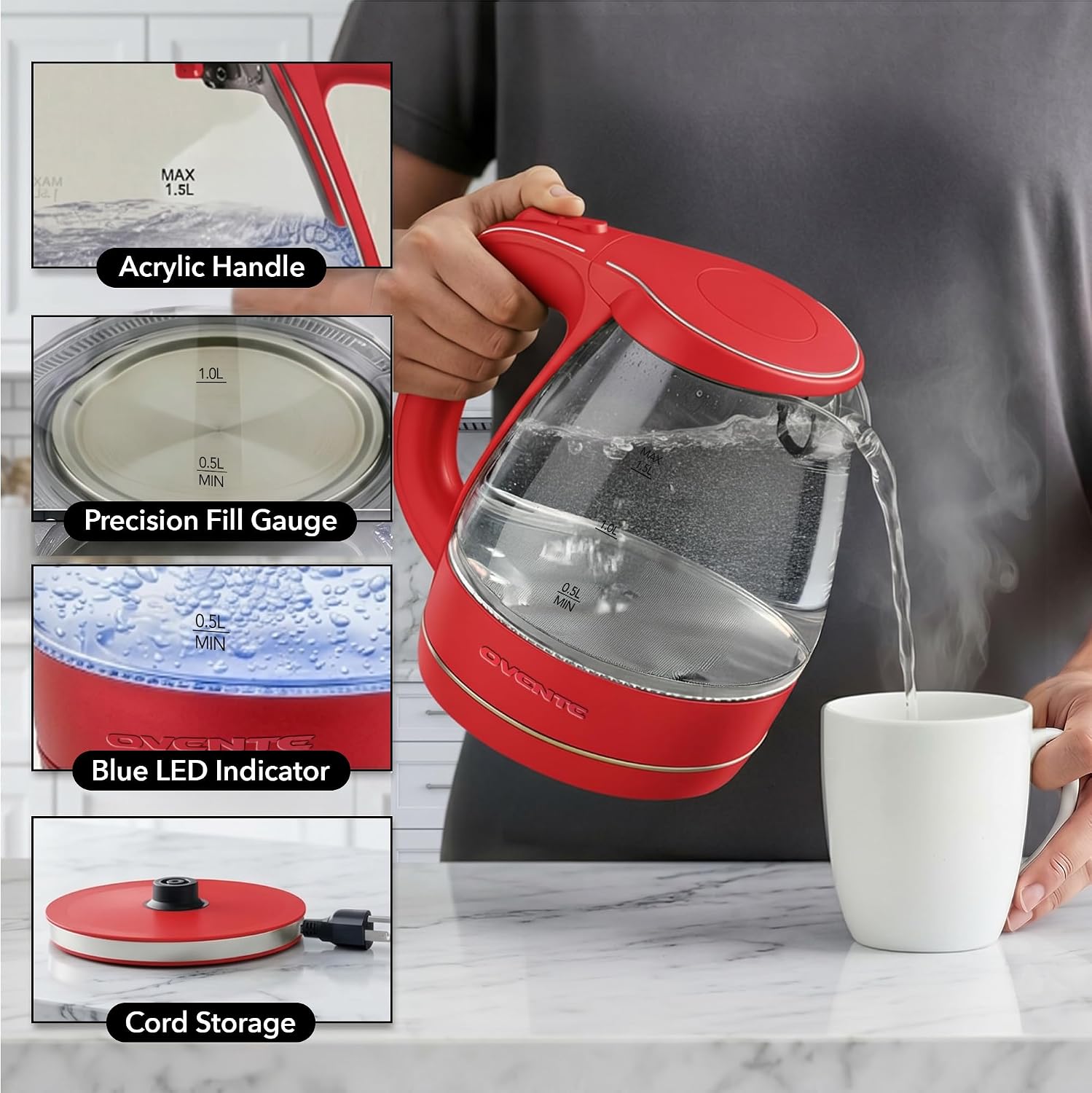 OVENTE 1.5L Glass Electric Kettle Water Boiler, Black KG83B | 1100W Fast Boiling, Borosilicate Glass, BPA-Free, Blue LED, Auto Shut-Off, Boil-Dry Protection, Removable Filter, 360° Base