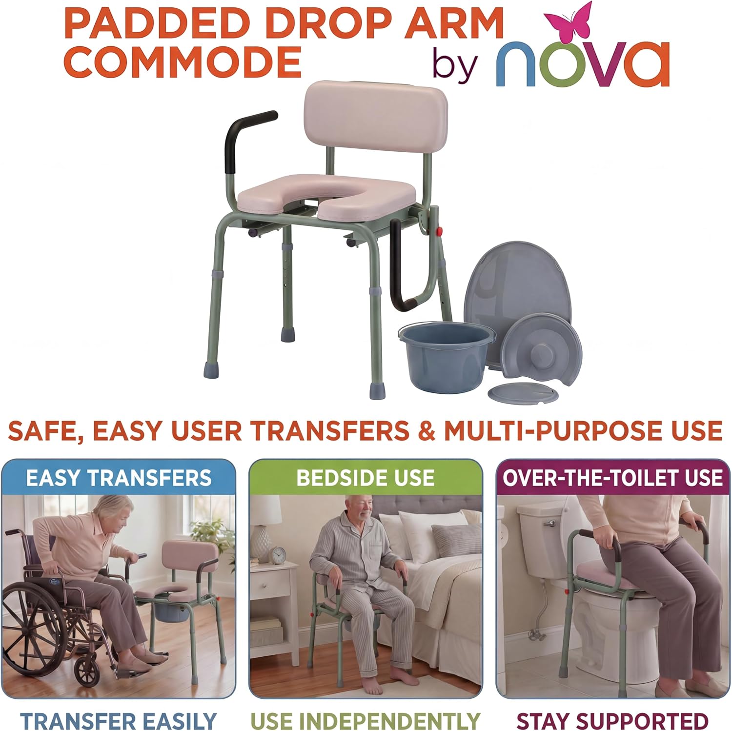 NOVA Medical Products Drop Arm Commode with Padded Seat and Back, Drop Down Arms for Easy Transfer