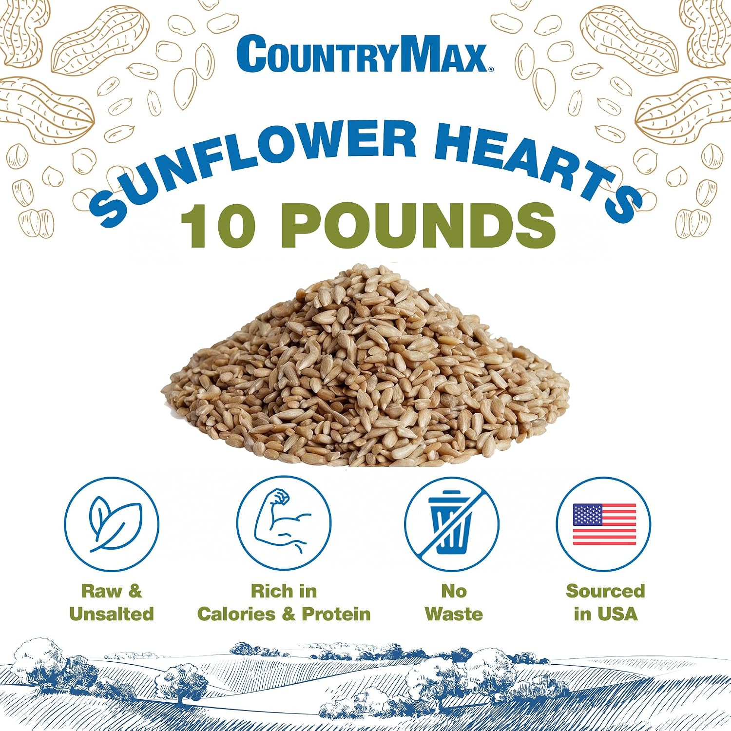 CountryMax Shelled Sunflower Chips 10 lb - No Waste Bird Seed for Outside Feeders, Resealable Bag of Wild Bird Feed | For Smaller Beaks, No Mess, No Waste. High Energy & USA Sourced. For Ground Feeding or Bird Feeders, For Year-Round Feeding
