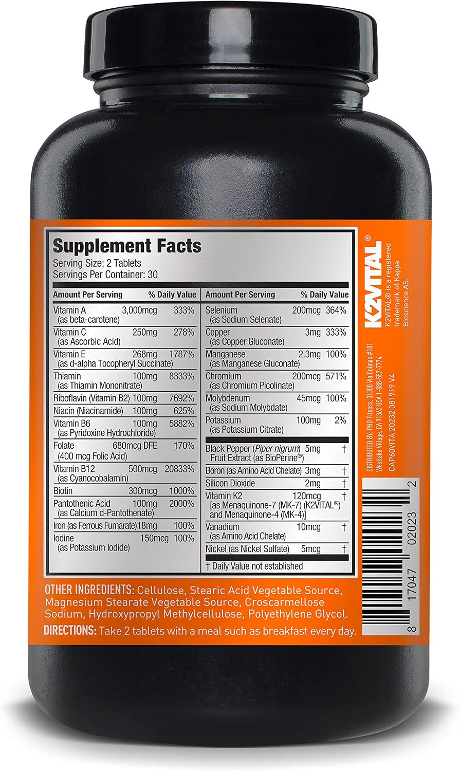 Vita JYM Daily Multivitamin & Mineral Support for Men & Women - 60 Tablets | Iron, Vitamins A, C, B6, B12, E, K2, Boron, Biotin, Potassium, Complete Adult Daily Nutrition Support