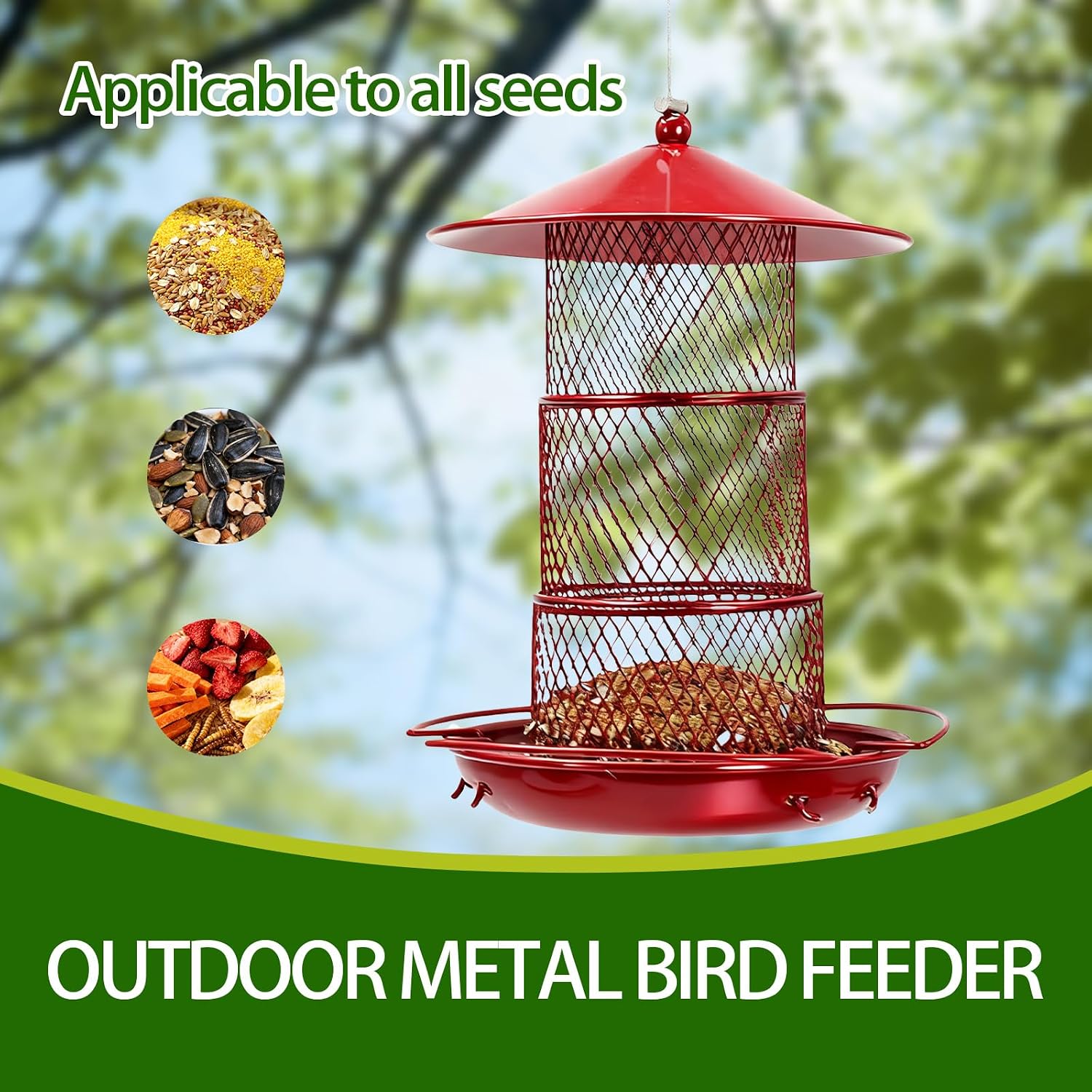 Three-Tier Metal Hanging Bird Feeder Durable and Sturdy, red Finish Large Capacity with Perch Mesh Design Features Drainage Holes (Red)