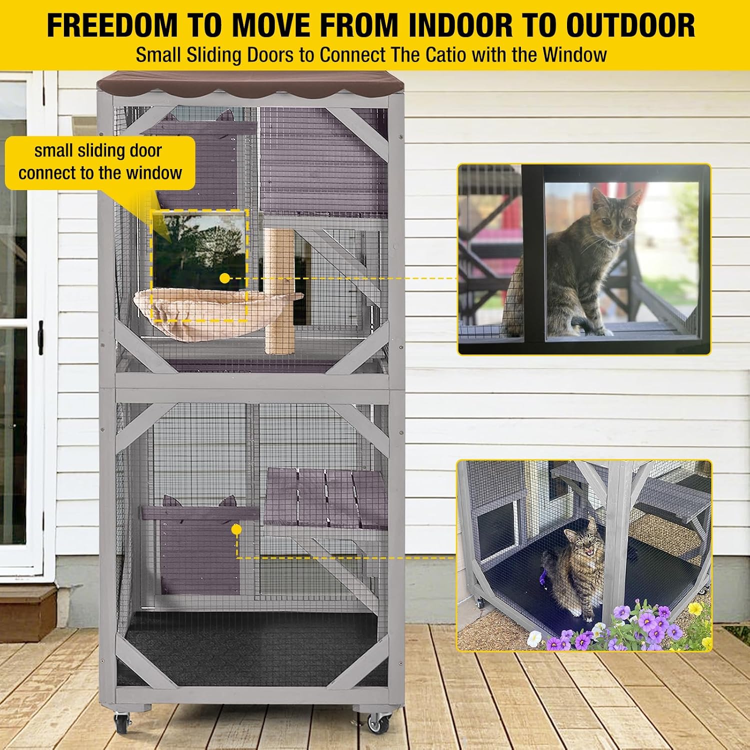 Aivituvin Cat House Outdoor Cat Catio Wooden Large Enclosure with Run on Wheels 70.9" Upgraded Version Catio with Reinforcement Strip