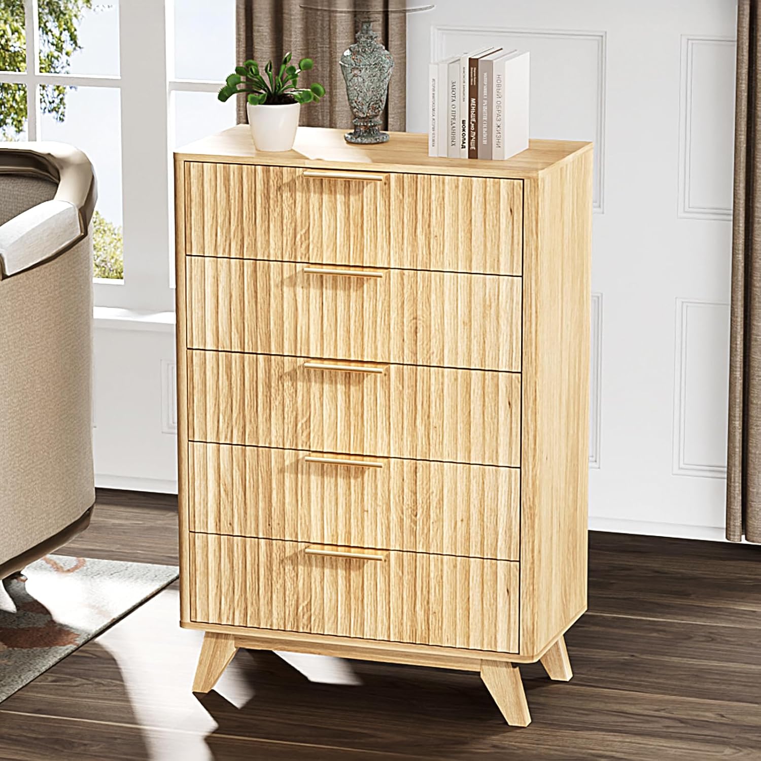 VINGLI Fluted Tall Dresser 5 Drawer, 23.66" W Chest of Drawers Gray Wood Dresser with Rounded Edges, Grey Dressers for Bedroom