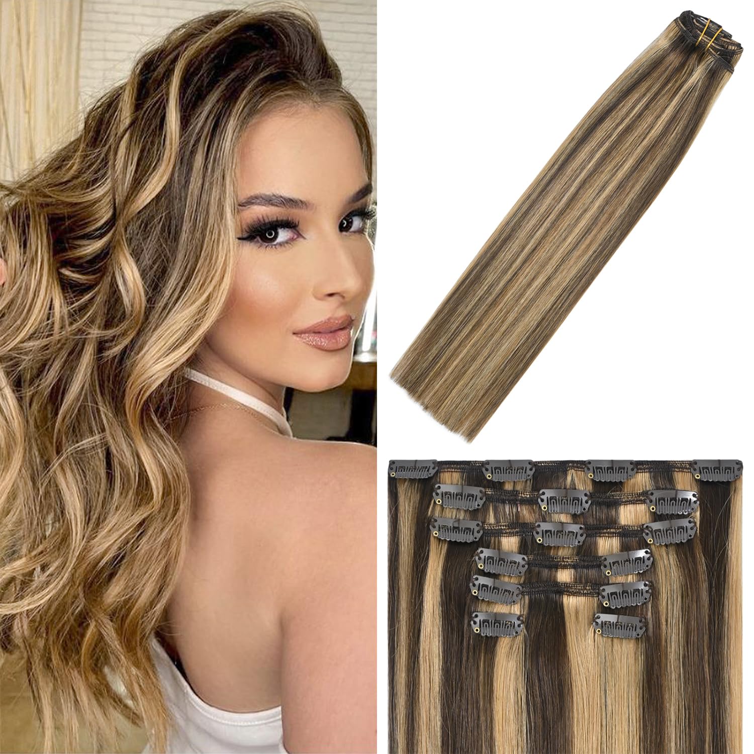 WindTouch Clip In Hair Extensions Human Hair Mixed Bleach Blonde 18Inch 75g Hair Extensions for Women Remy Blonde Extensions Clip in #18p613 7PCS