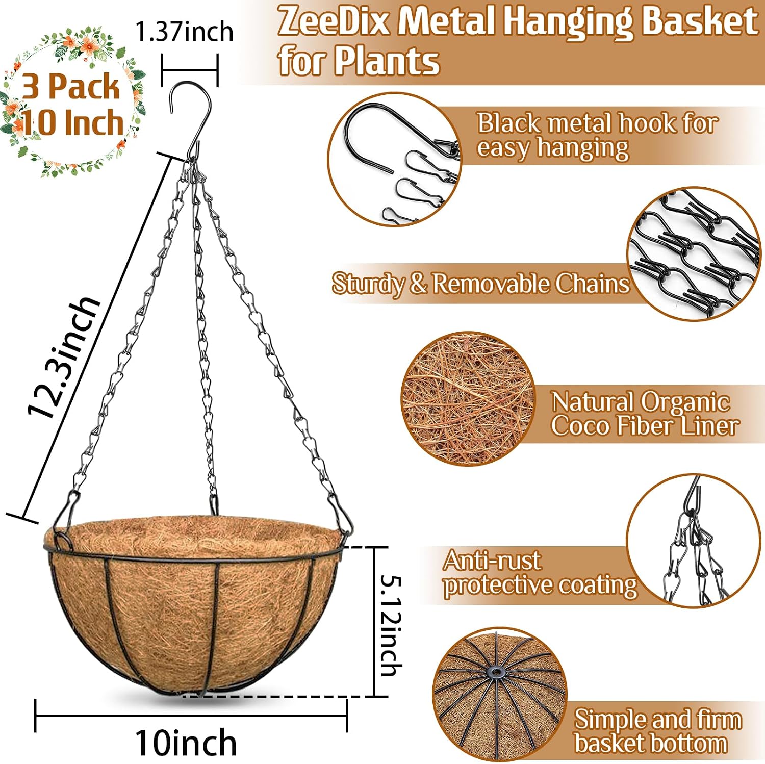ZeeDix 3 Pack 10 Inch Metal Hanging Baskets