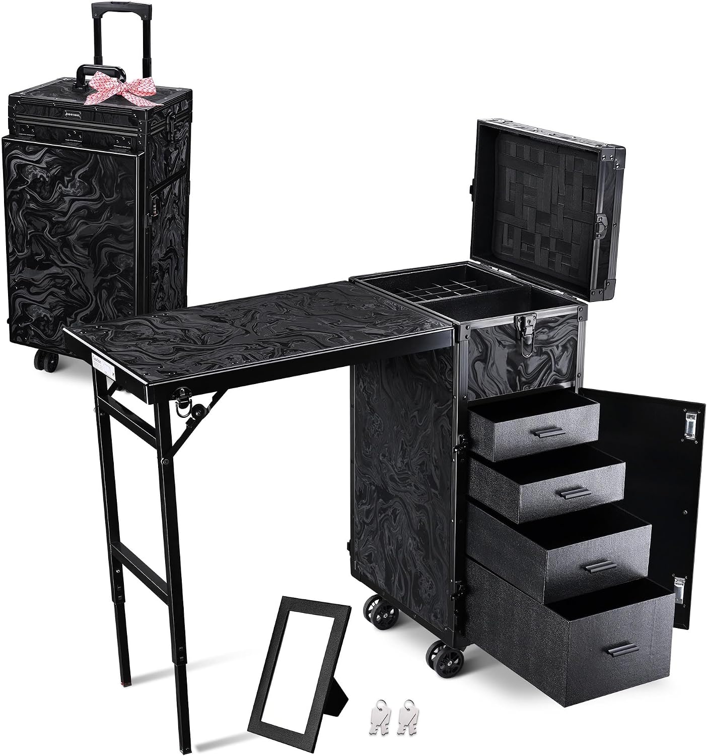 BYOOTIQUE Portable Nail Desk with 4 Storage Drawer Rolling Manicure Table