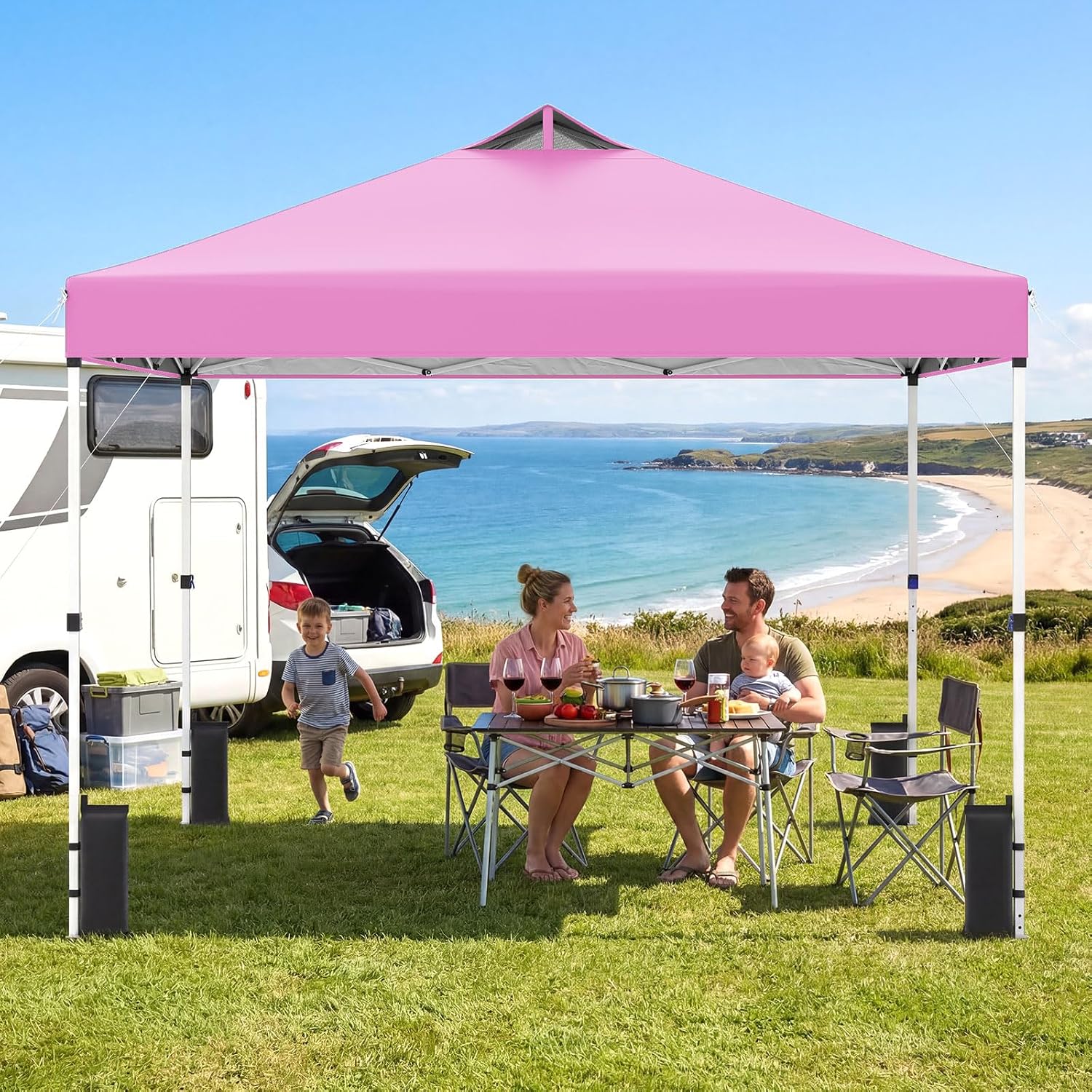 Tangkula 10 x10 Ft Pop Up Canopy with Center Lock, UPF 50+ One-Button Setup Outdoor Canopy Tent with Roller Bag, 4 Sand Bags, Heavy-Duty Steel Frame
