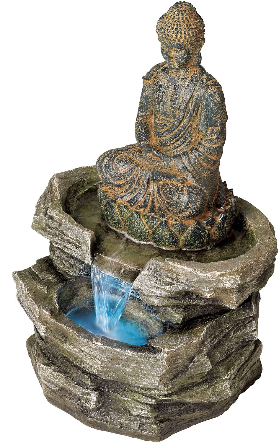 Meditating Buddha 24" High Outdoor Indoor Large Bubbler Fountain with Light | Zen Asian Decor Resin Floor LED Standing Water Feature for Outside Garden Patio Yard Backyard Porch Deck