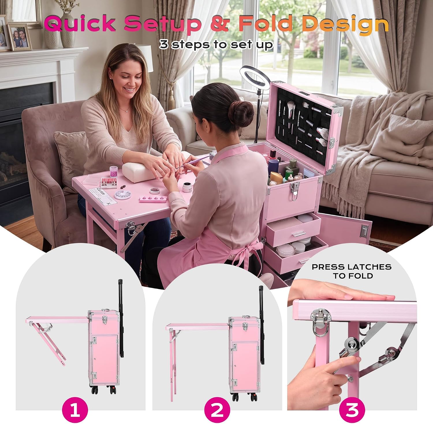 BYOOTIQUE Portable Nail Desk with 4 Storage Drawer Rolling Manicure Table