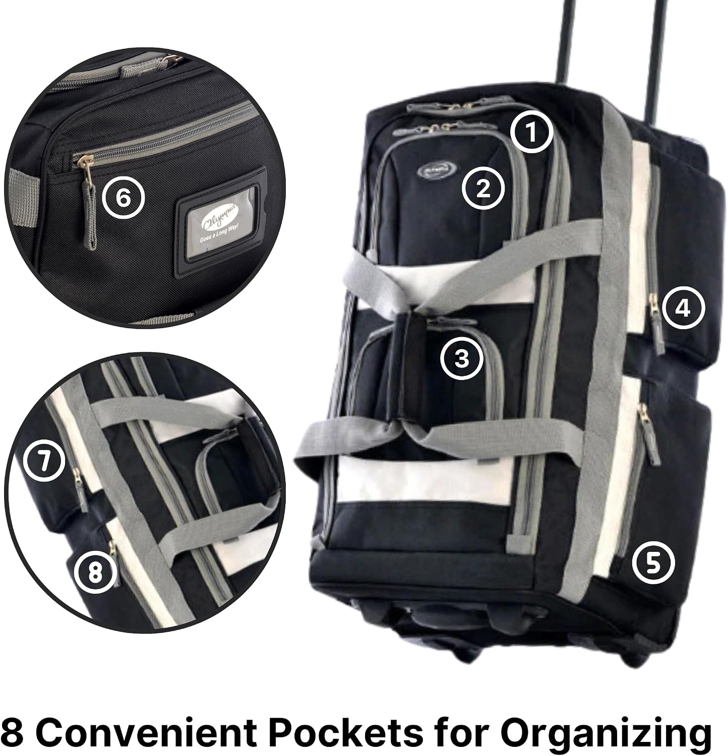 Olympia U.S.A. 33 inch Jumbo Size 8 Pockets Wheeled Rolling Duffel Bag Water Resistant Luggage Lightweight Travel Suitcase with Retractable Handle