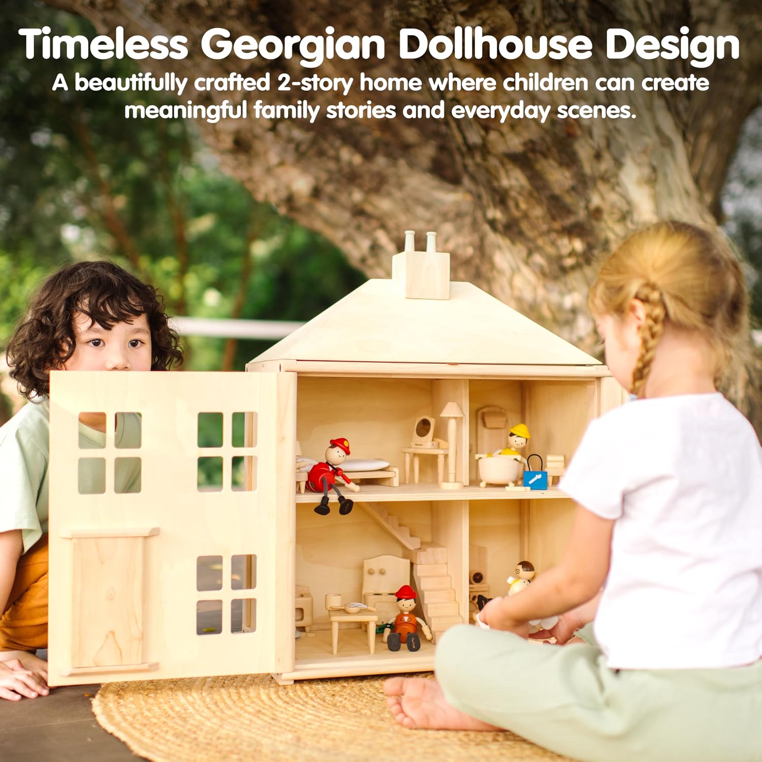 PlanToys® Green Wooden Dollhouse with Solar Panel, Wind Turbine & Furniture | recycling system, eco-friendly doll house, sustainable pretend play, kids, girls, environmental learning gift for boys