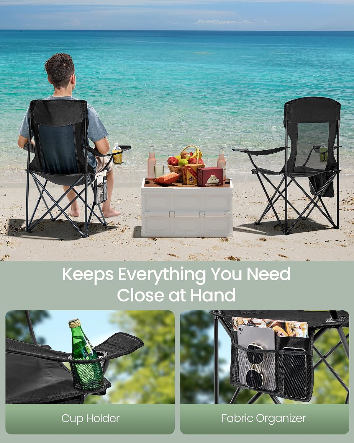 SONGMICS Camping Chair, Folding Oversized Chair, Comfortable and Heavy-Duty, 352 lb Weight Capacity, Adjustable Armrests with Cooler Bag, Storage Bag, Breathable Mesh, Bijou Blue UGCB060Q01