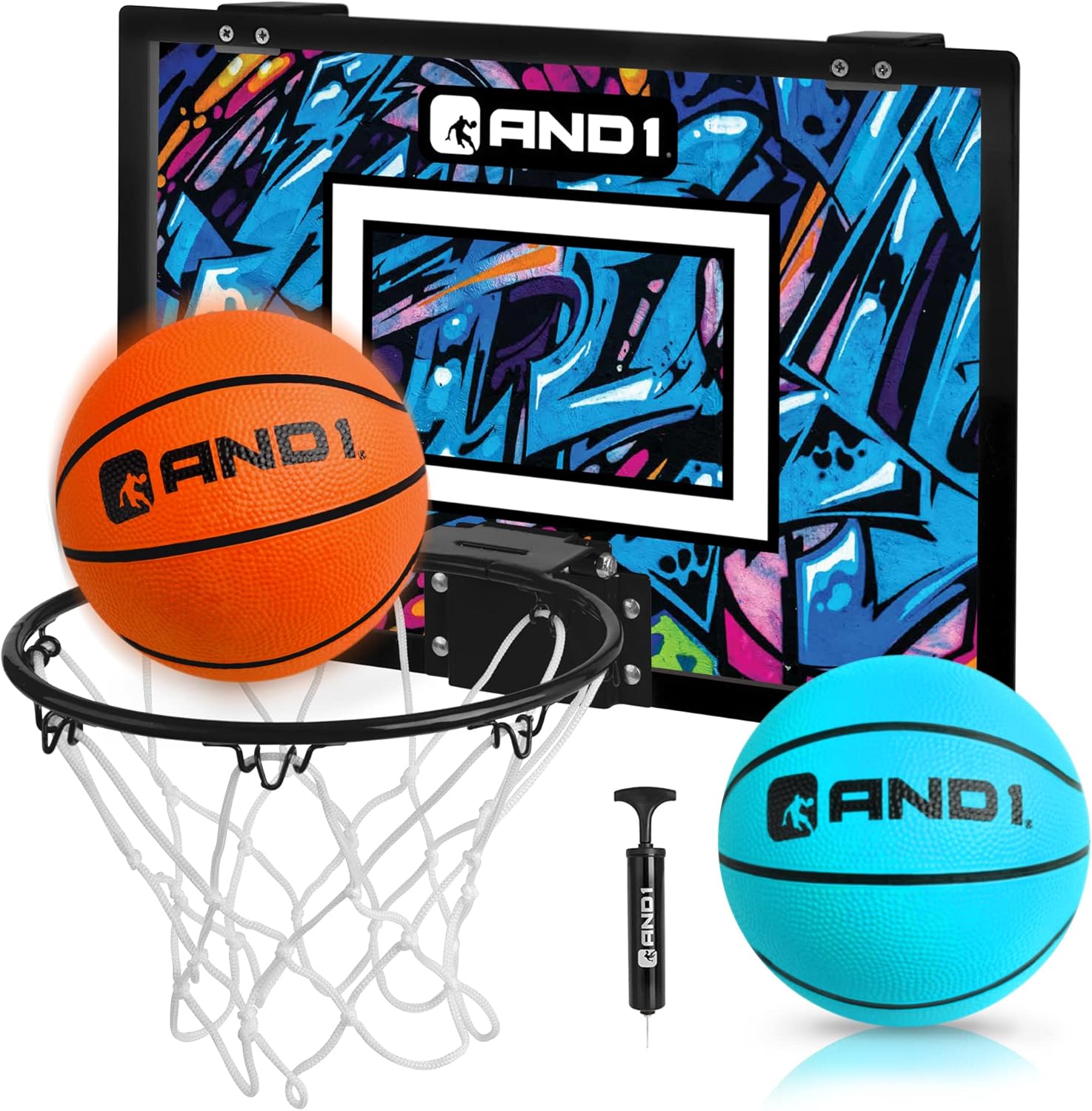AND1 Over the Door Mini Basketball Hoop: 18x12 Shatterproof Backboard, 2 Mini Basketballs