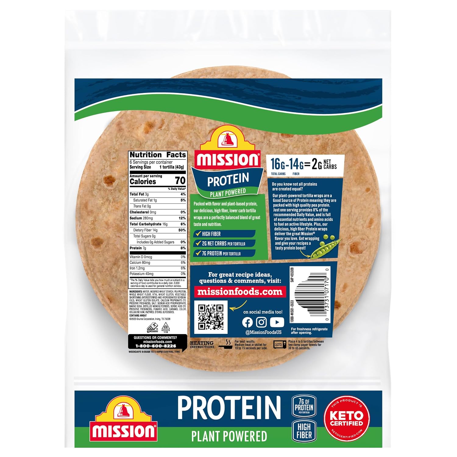 Mission Protein Tortilla Wraps, 6 Count, Vegan, Low Carb, High Fiber