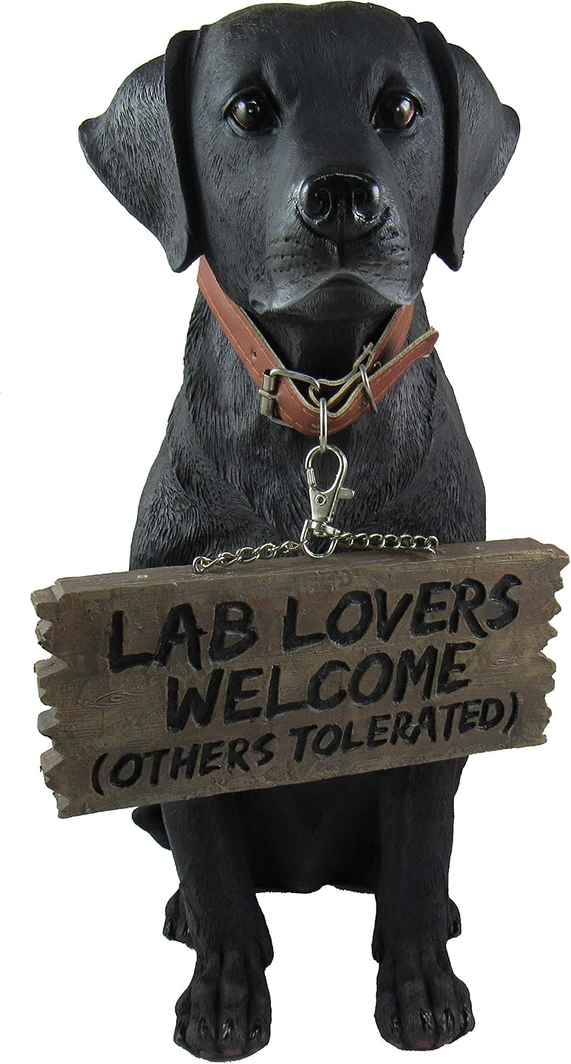 Black Lab Outdoor Statue, 13 Inch Welcome Dog with Reversible Sign