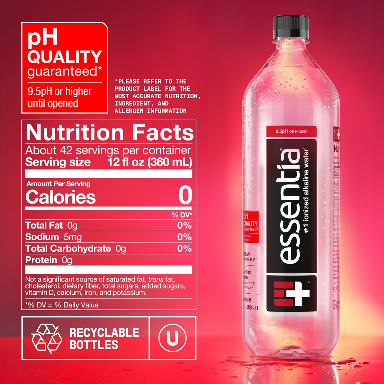 Essentia Water LLC, Ionized Alkaline Bottled Water; 99.9% Pure, Infused with Electrolytes, 9.5 pH or Higher a Clean, Smooth Taste, 20 Fl Oz (Pack of 24)