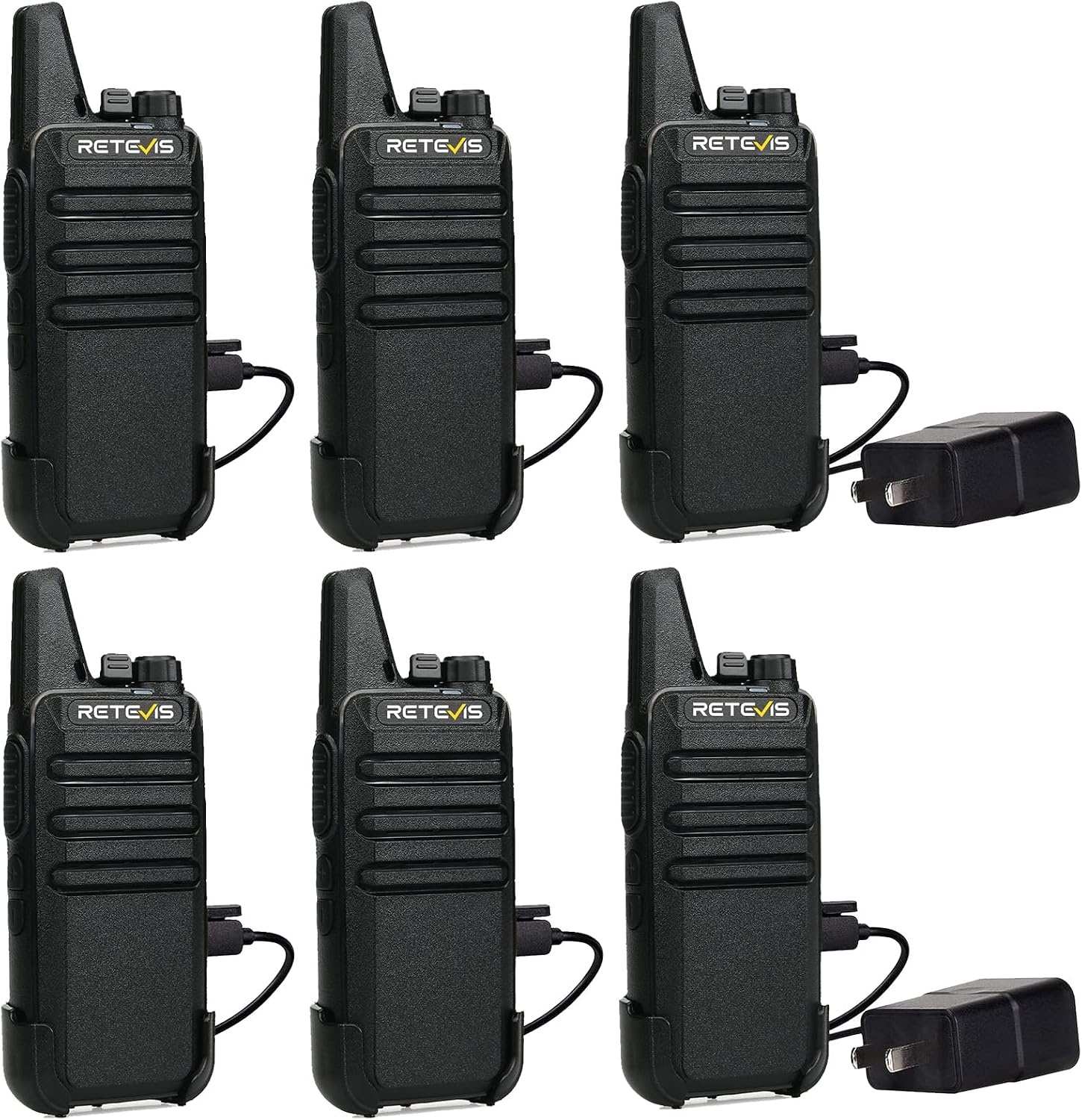 Retevis RT22 Commercial FRS Walkie Talkies Rechargeable Long Range (6 Pack) | Slim & Lightweight 2 Way Radio, For K-12 & Retail, Comfortable for All-Day Wear, Loud & Clear Audio, Charge 6 Radios At Once
