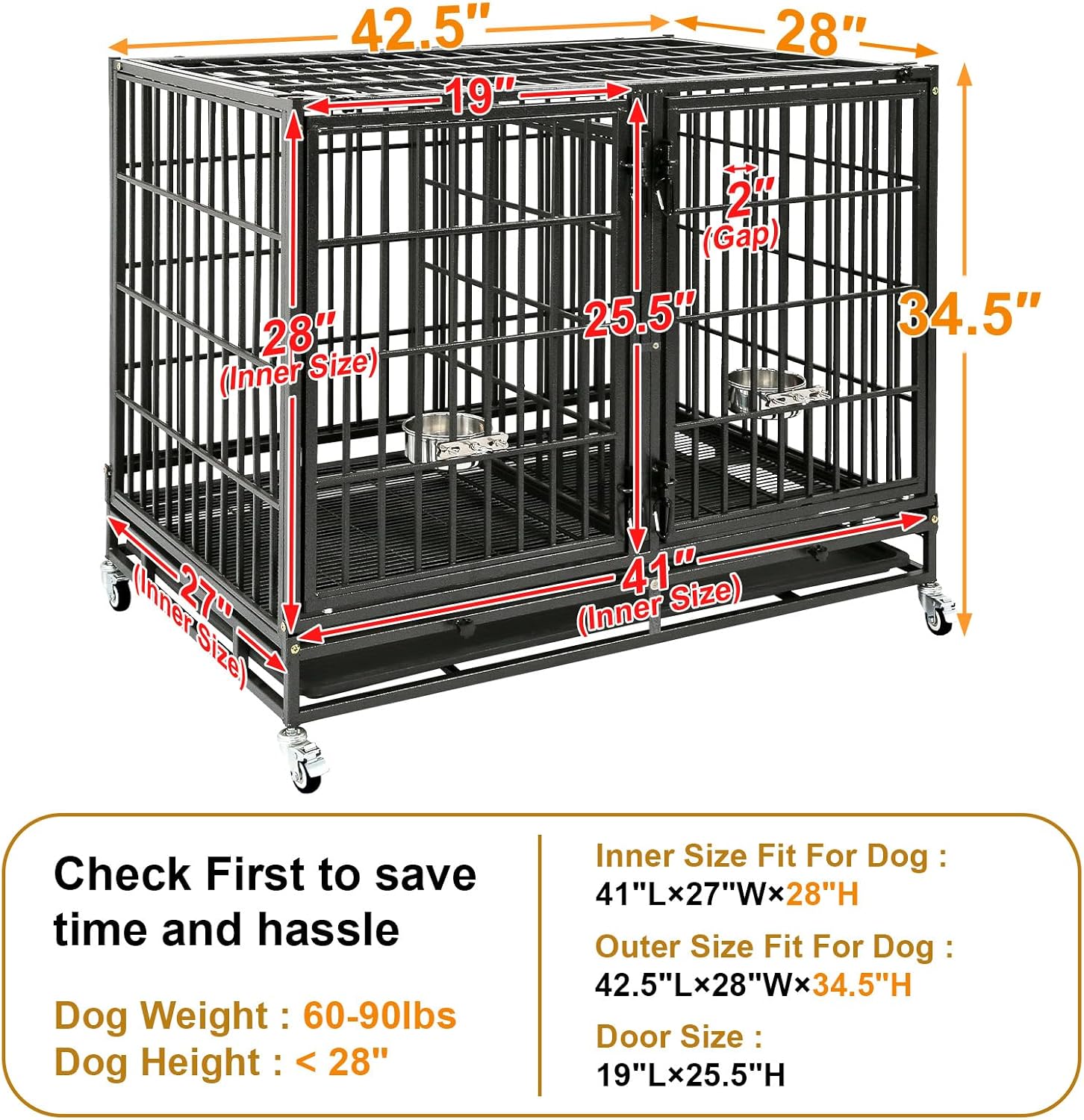Homey Pet Taller 43" Heavy Duty Double Dog Crates with Divider & Dual Door | Drop Cage for Dogs with Lockable Wheels, Bowls, Removable Tray, Top Access, Ideal for Small to Medium & Large Dogs, Breeders