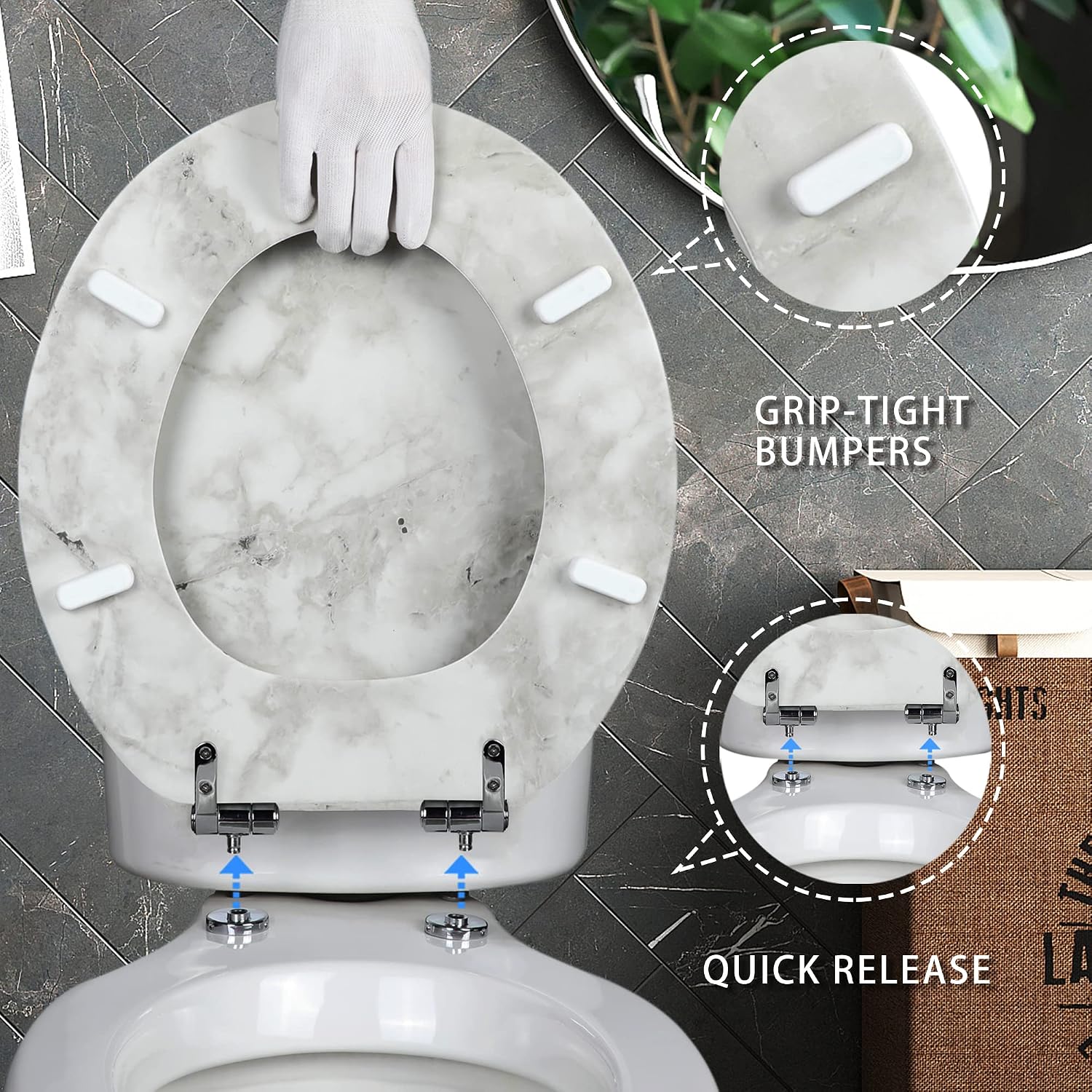 Angel Shield Marble Toilet Seat Durable Molded Wood with Quiet Close,Easy Clean，Quick-Release Hinges (Elongated,Black Marble)