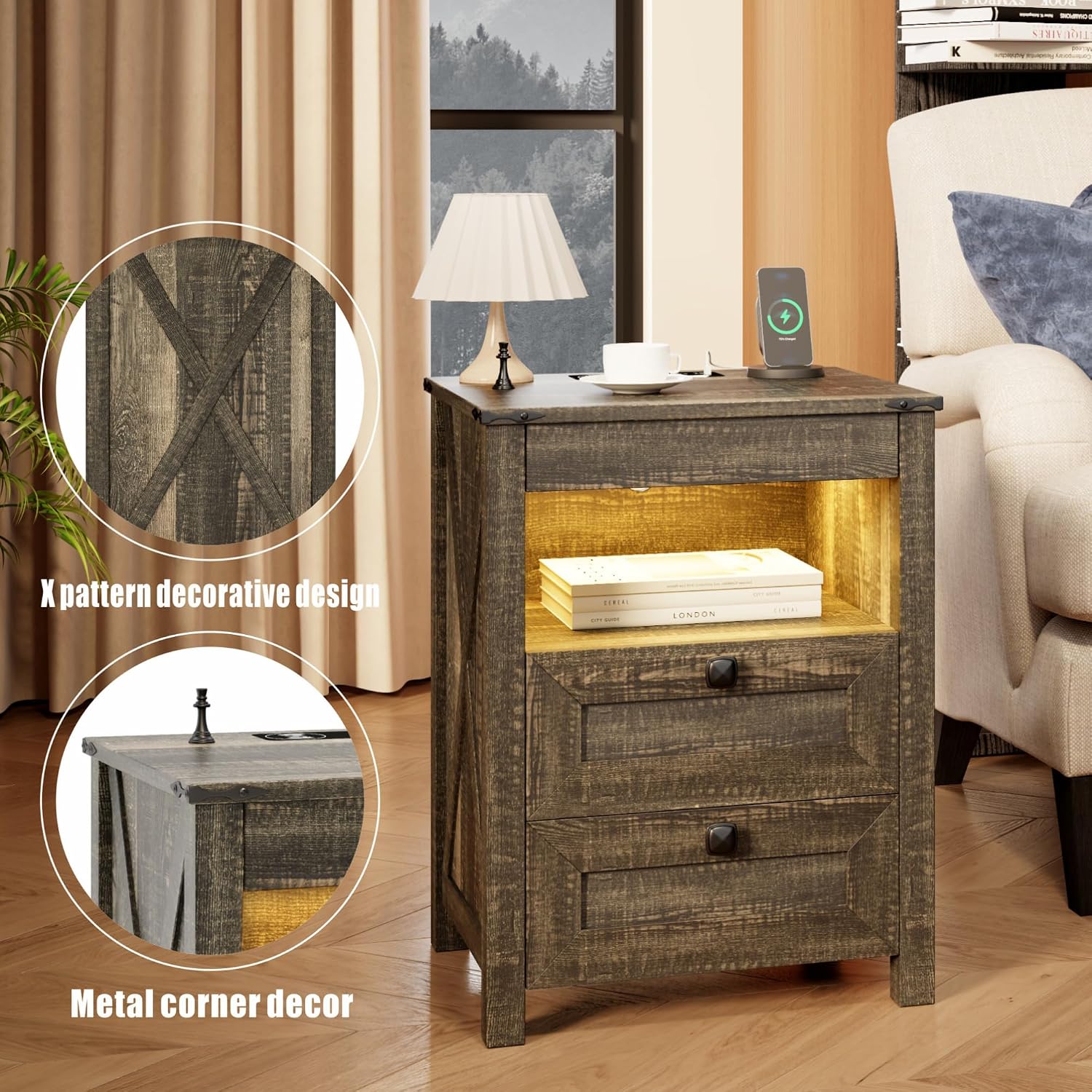 Farmhouse LED Nightstand with Gun Drawer&Invisible Lock,Modern Bedside Table with Human Sensor Design,Rustic Side Table with Wireless Charging for Living Room, Dark Oak
