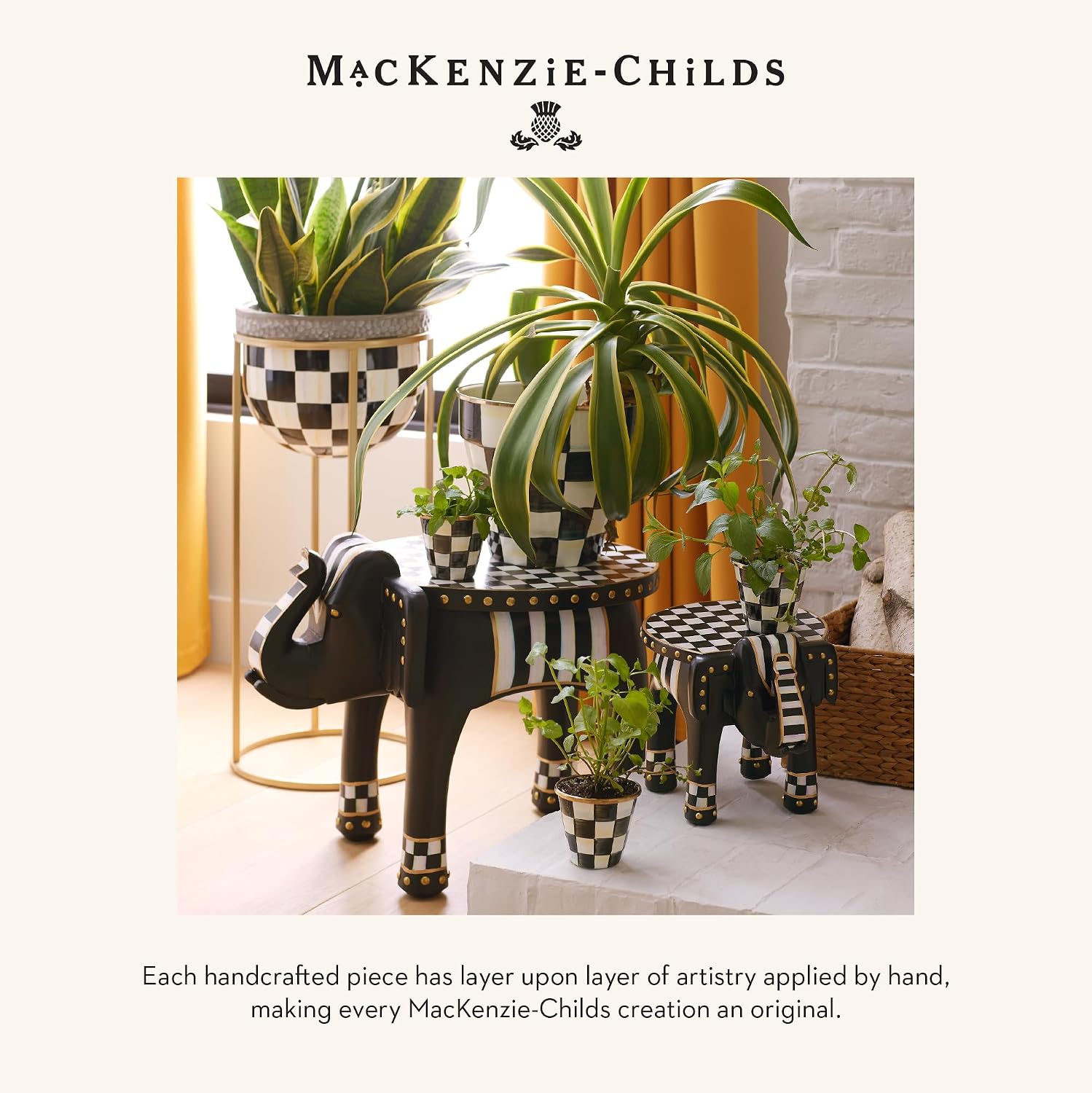 MACKENZIE-CHILDS Enamel Flowerpot, Black-and-White Courtly Check | Hand-painted design, made from enameled steel, decorative garden pot for flowers