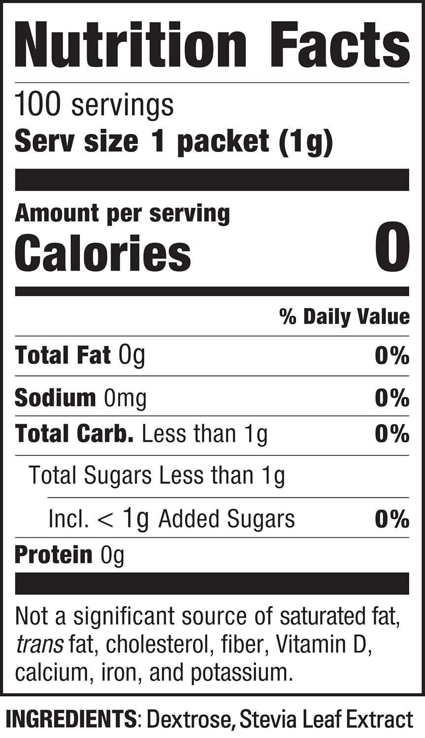 Stevia In The Raw, Plant Based Zero Calorie, No Erythritol, Sugar Substitute, Sugar-Free Sweetener for Coffee, Hot & Cold Drinks, Suitable For Diabetics, Vegan, Gluten-Free, 100Count Packets (1 Pack)
